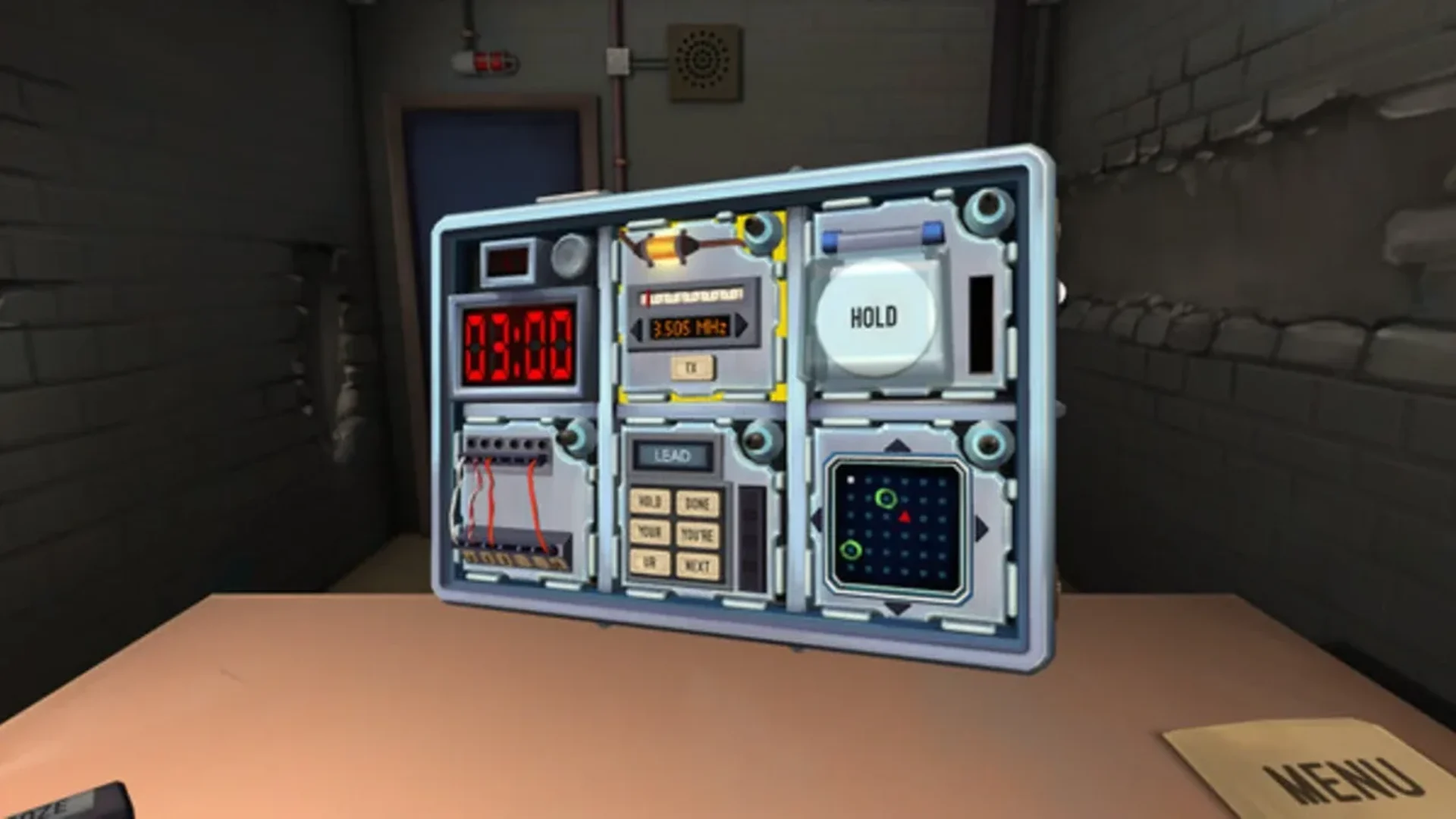 Bomb covered with puzzle modules and a countdown timer in Keep Talking and Nobody Explodes.