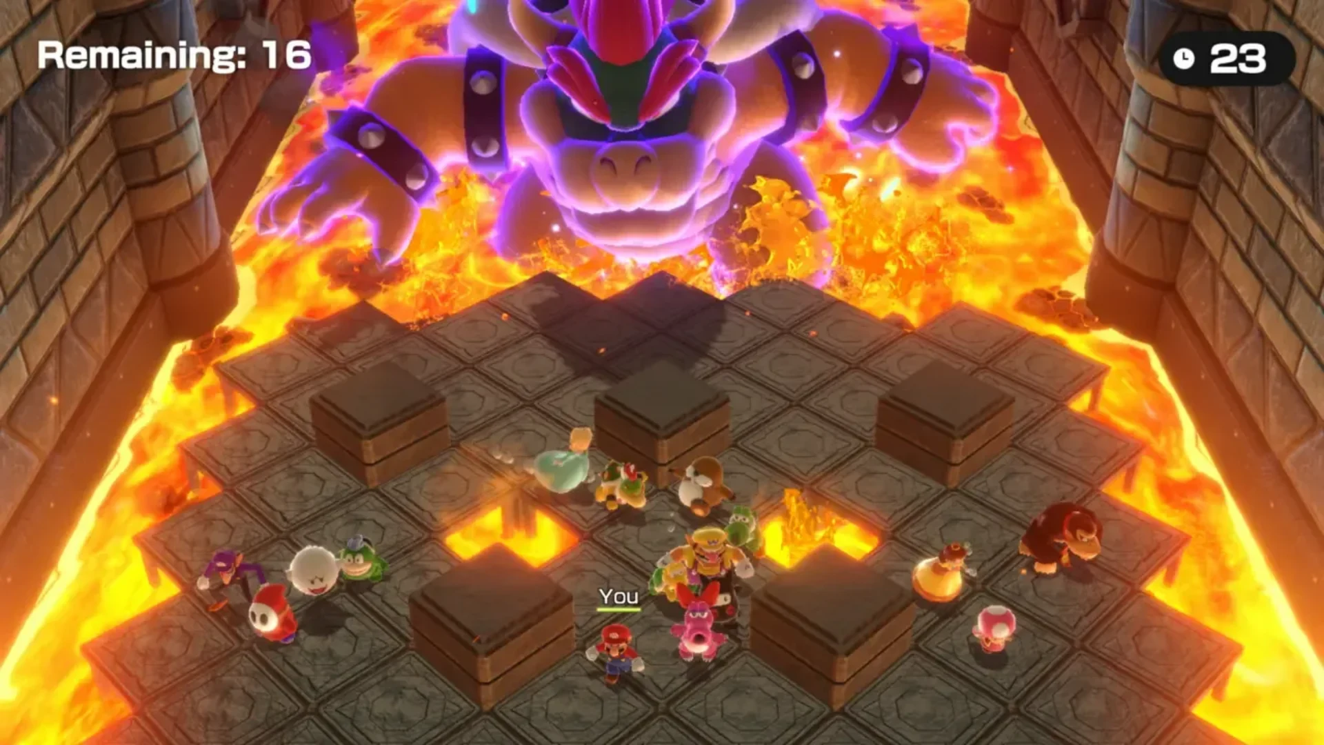 Super Smash Bros. Ultimate fighters including Mario, Link, Kirby, Pikachu, and Samus stand together.