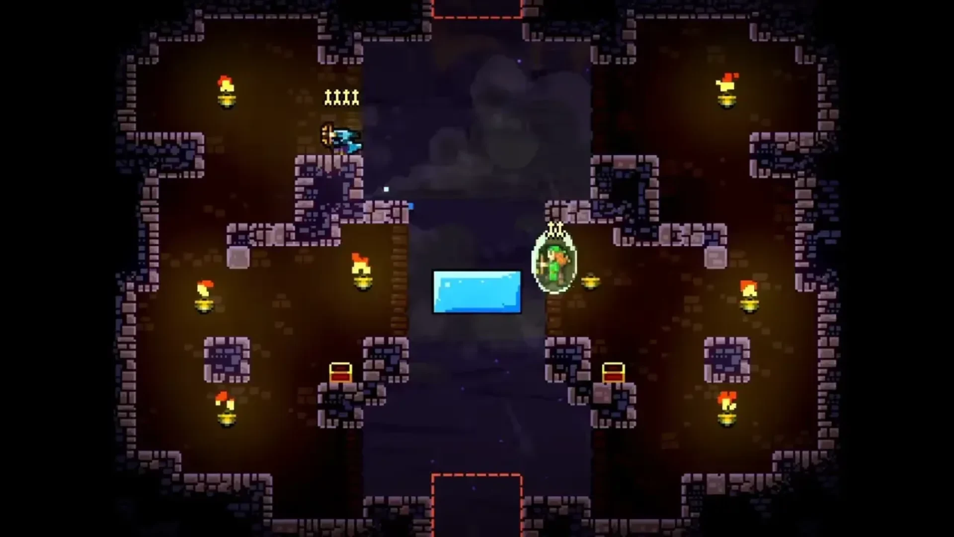 TowerFall characters battle with bows and arrows inside a symmetrical dungeon arena.