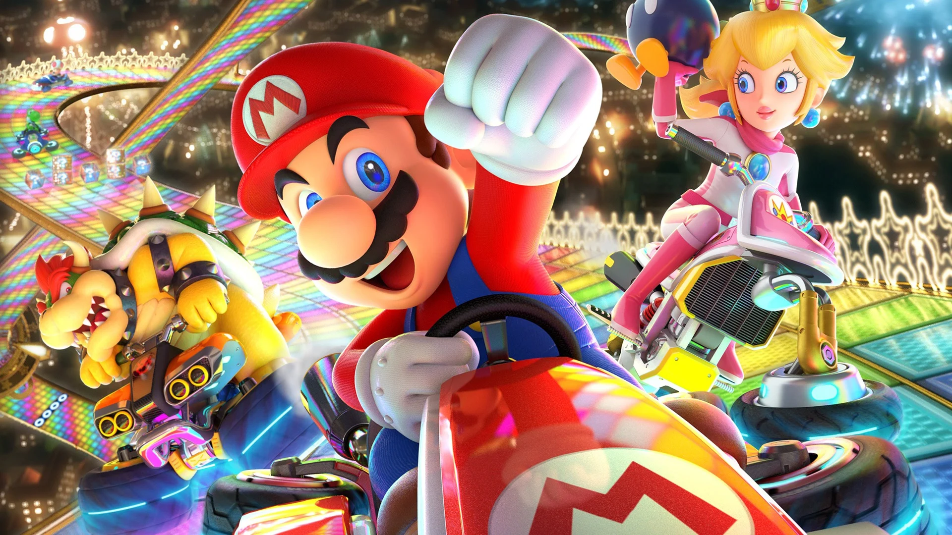 Mario and Peach race alongside Bowser on a colorful Mario Kart 8 Deluxe track.