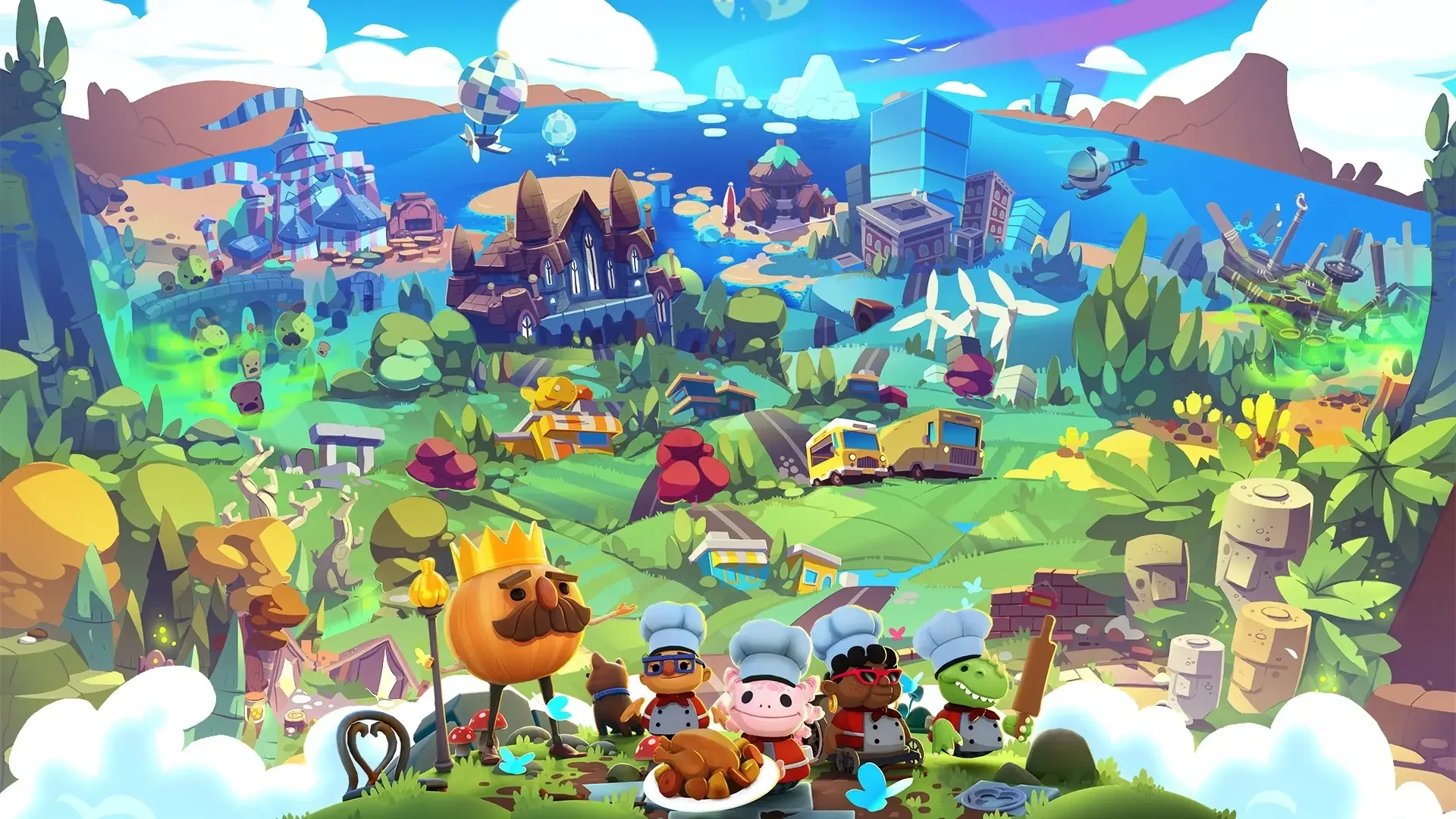 Overcooked All You Can Eat chefs stand with the Onion King in a colorful food-themed world.
