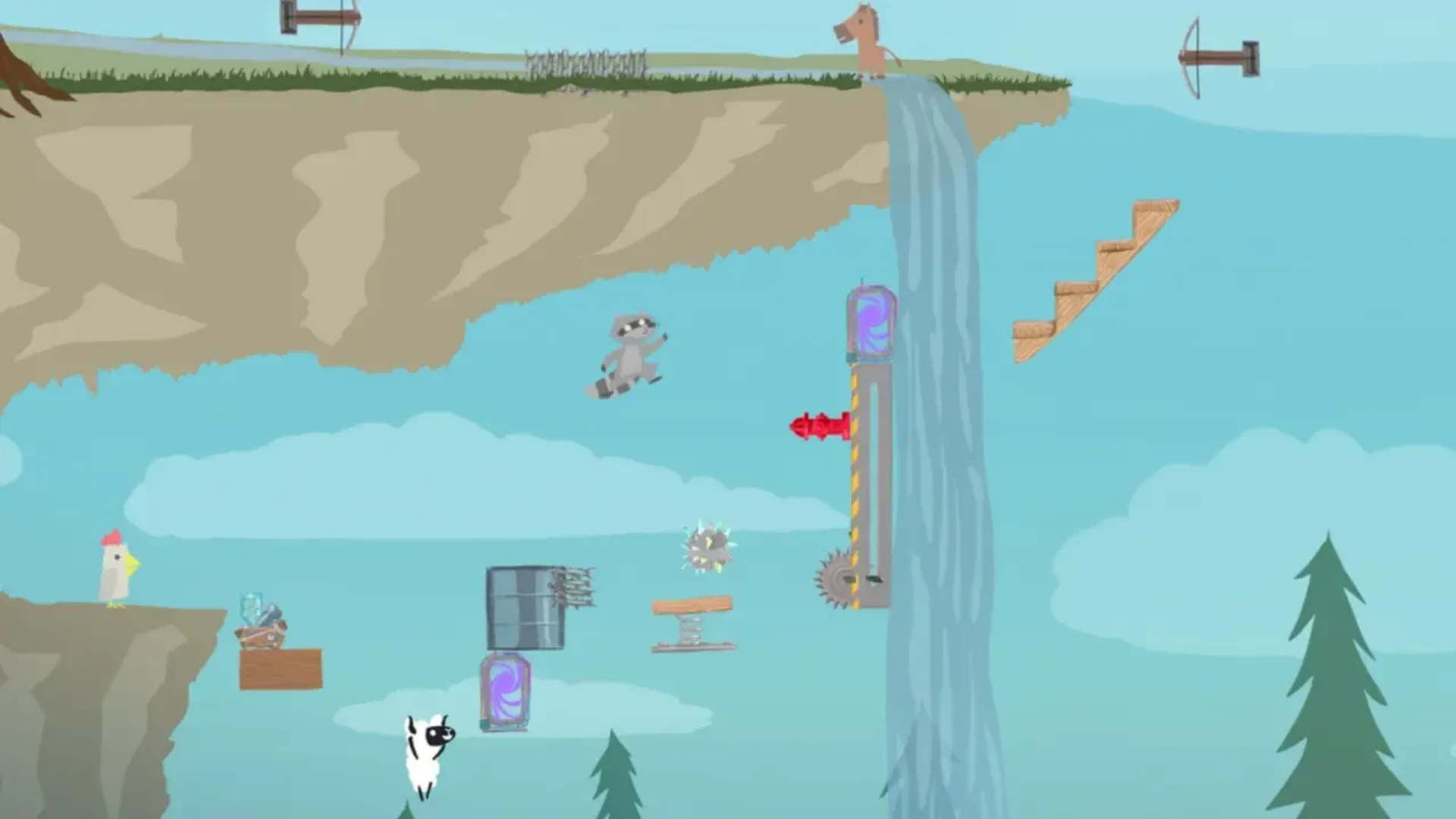 Ultimate Chicken Horse characters navigate platforms, traps, and hazards beside a waterfall.