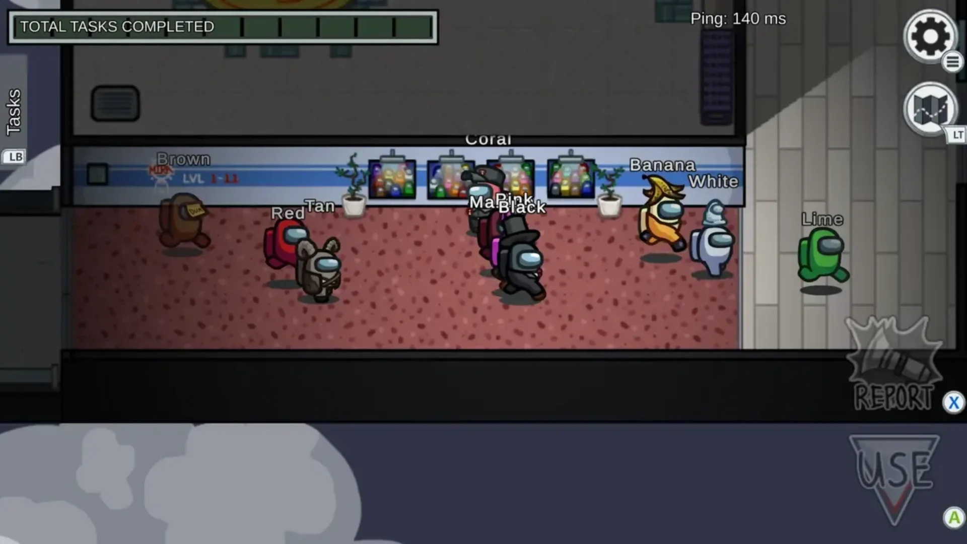 Among Us crewmates gathered together inside a spaceship during a multiplayer match.