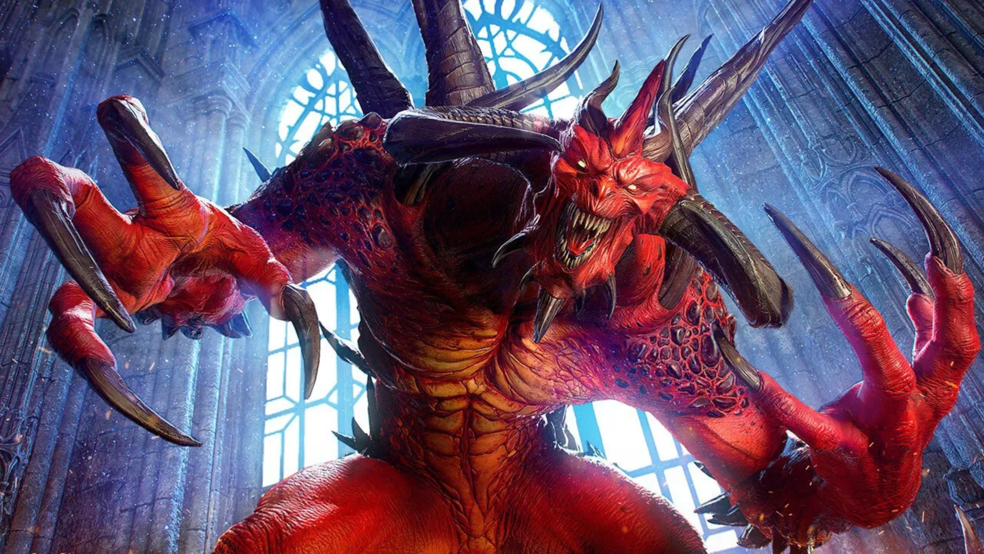 Diablo reaches forward inside a Gothic cathedral in artwork from Diablo II.