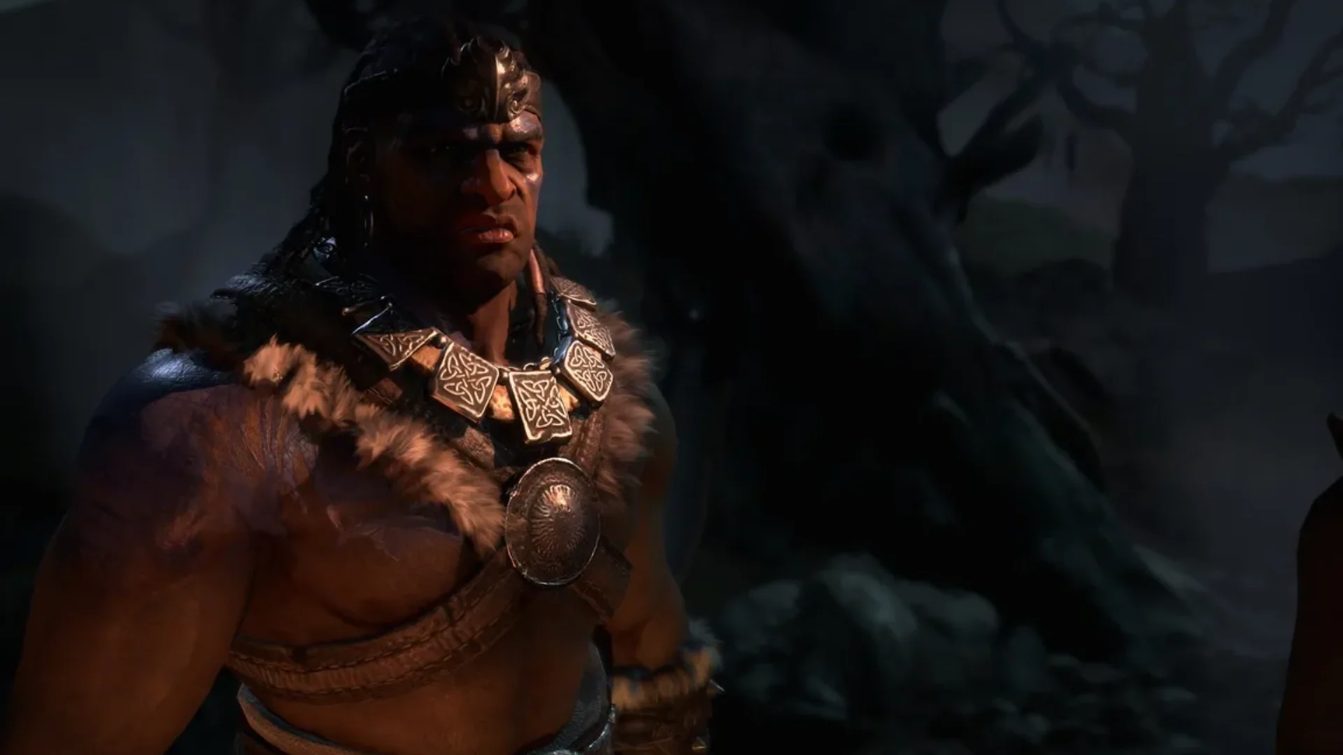 A muscular Barbarian character stands in a dark forest scene from Diablo IV.