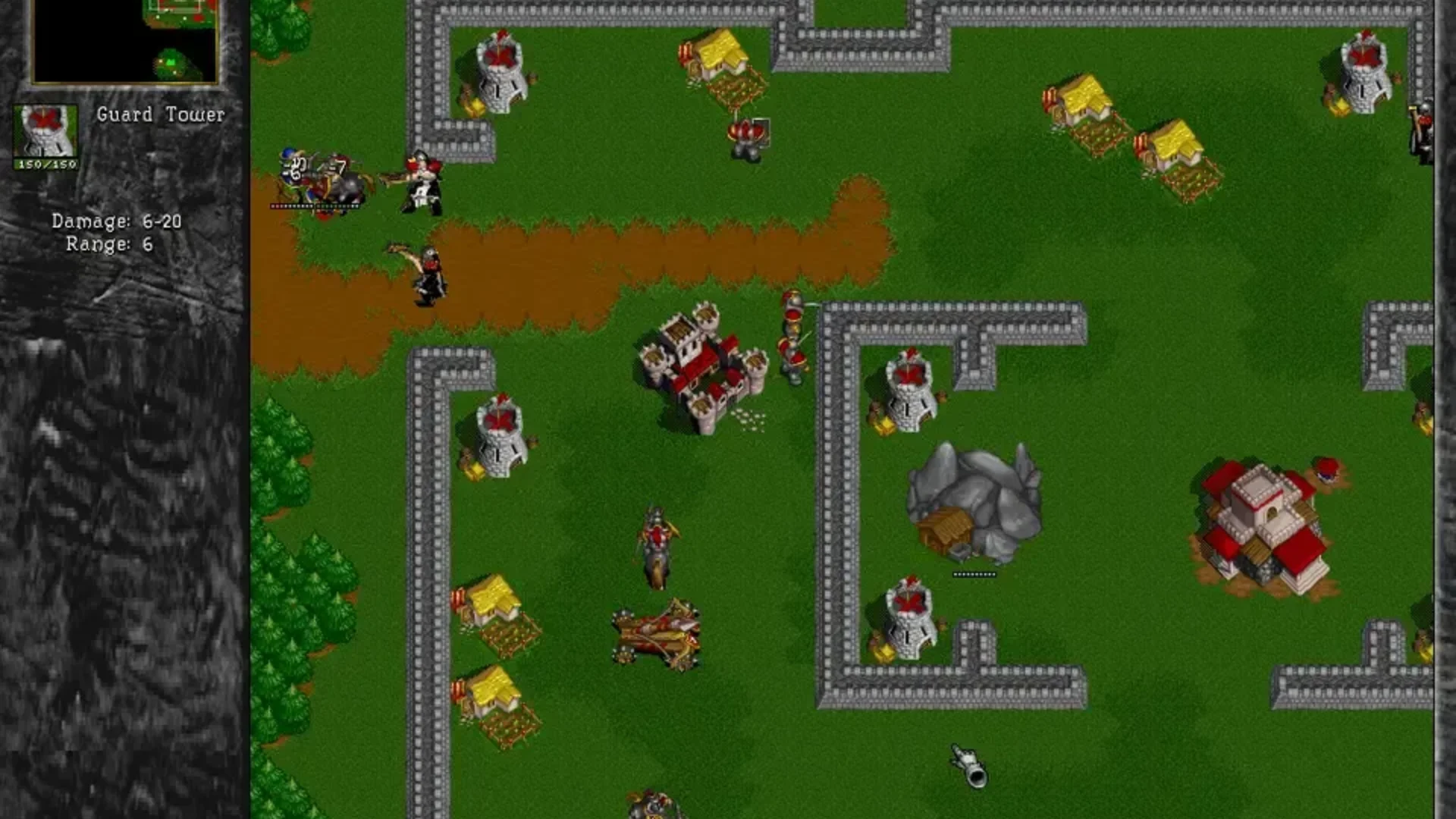 A Human settlement with guard towers and units appears in Warcraft II gameplay.