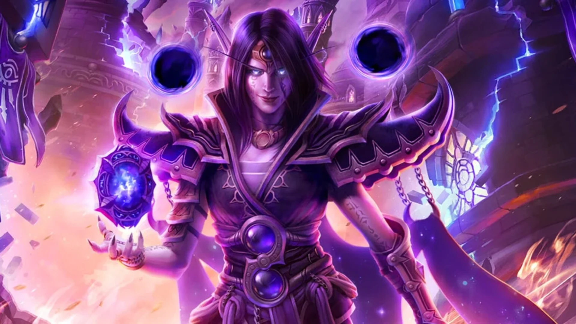 A Blood Elf mage channels purple magic in World of Warcraft fantasy artwork.