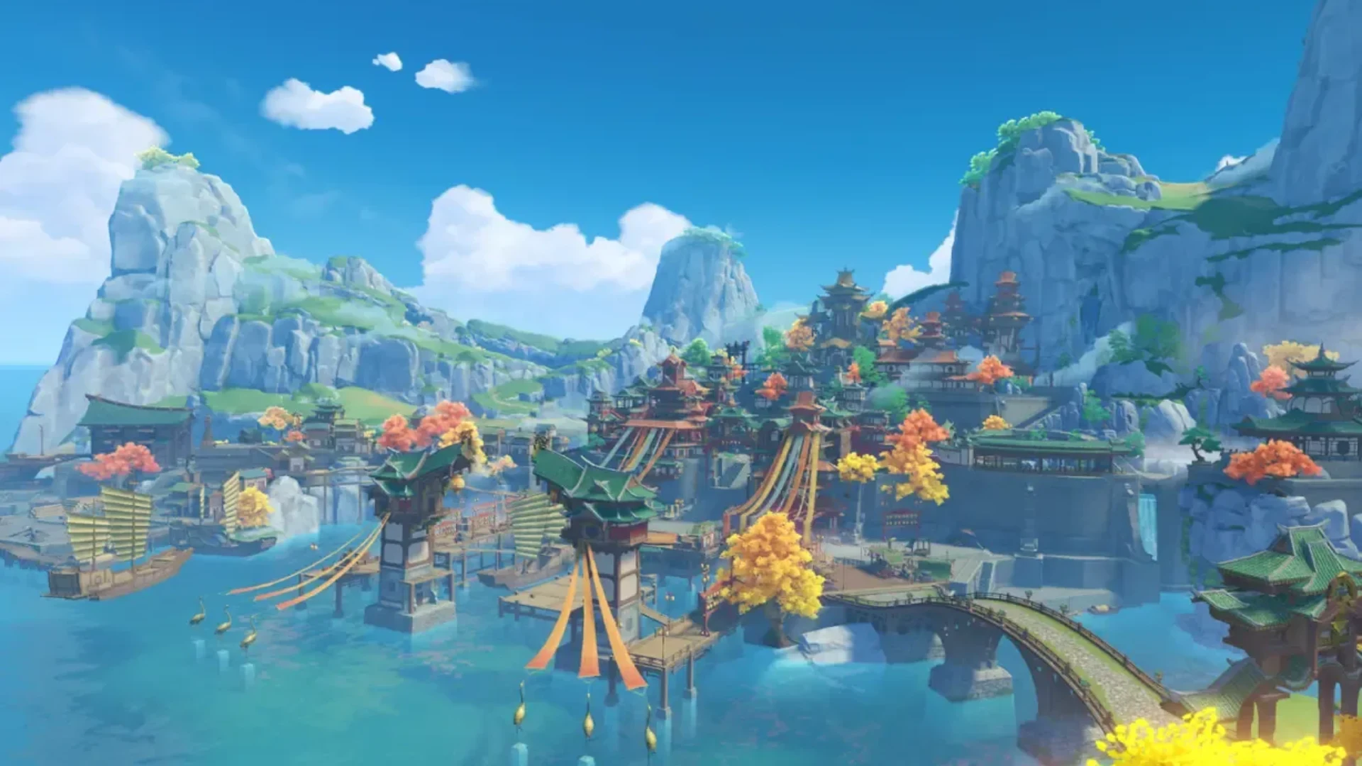 Liyue Harbor sits between steep mountains and blue water beneath a bright sky in Genshin Impact.