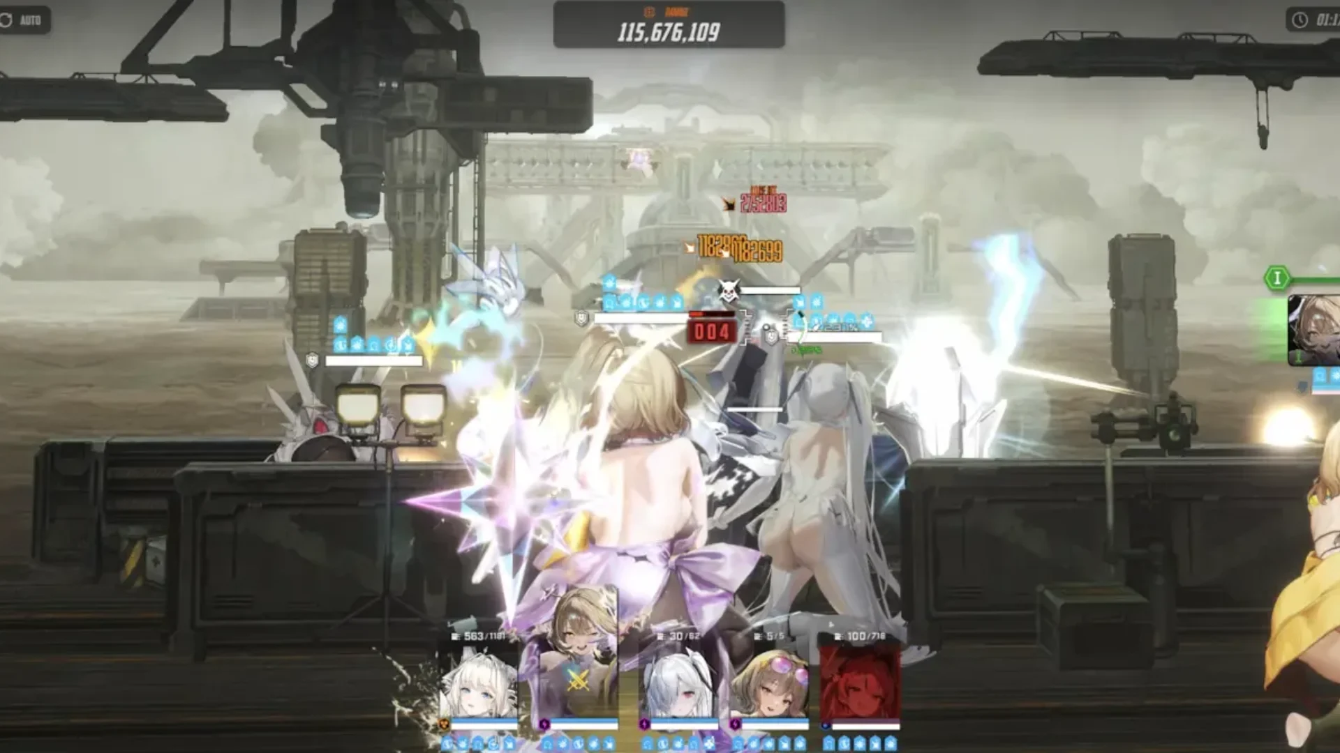 A squad of Nikkes fires from cover at a large enemy during a GODDESS OF VICTORY: NIKKE battle.