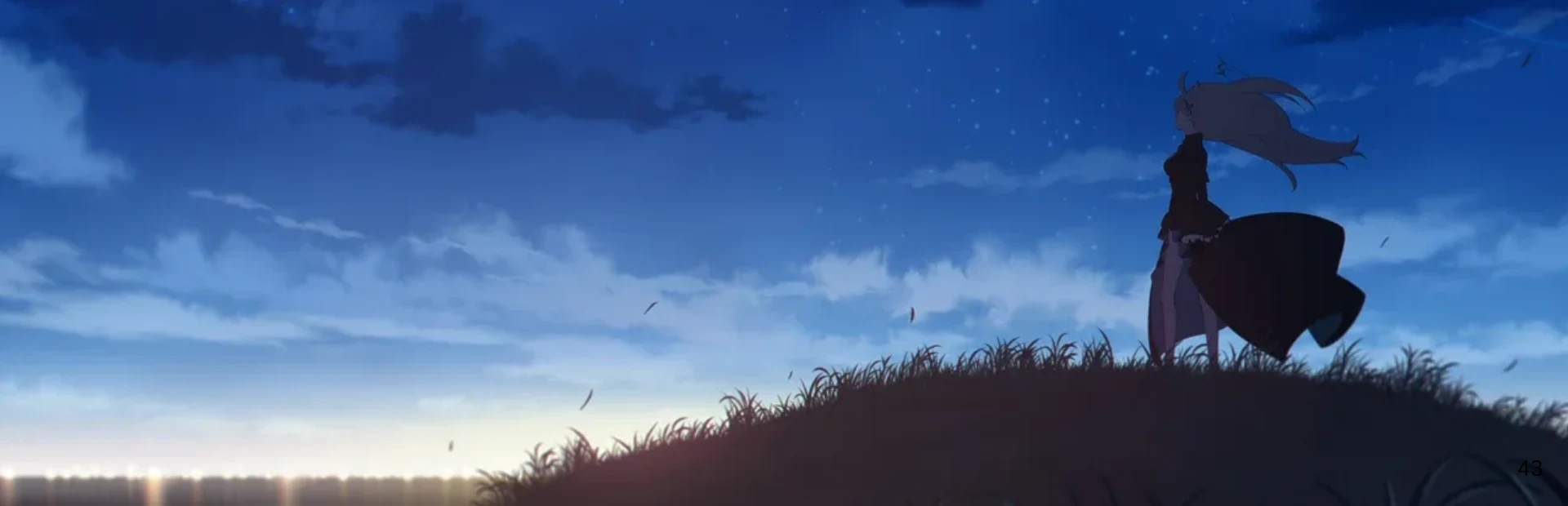 A white-haired anime character stands on a grassy hill beneath a blue dawn sky.