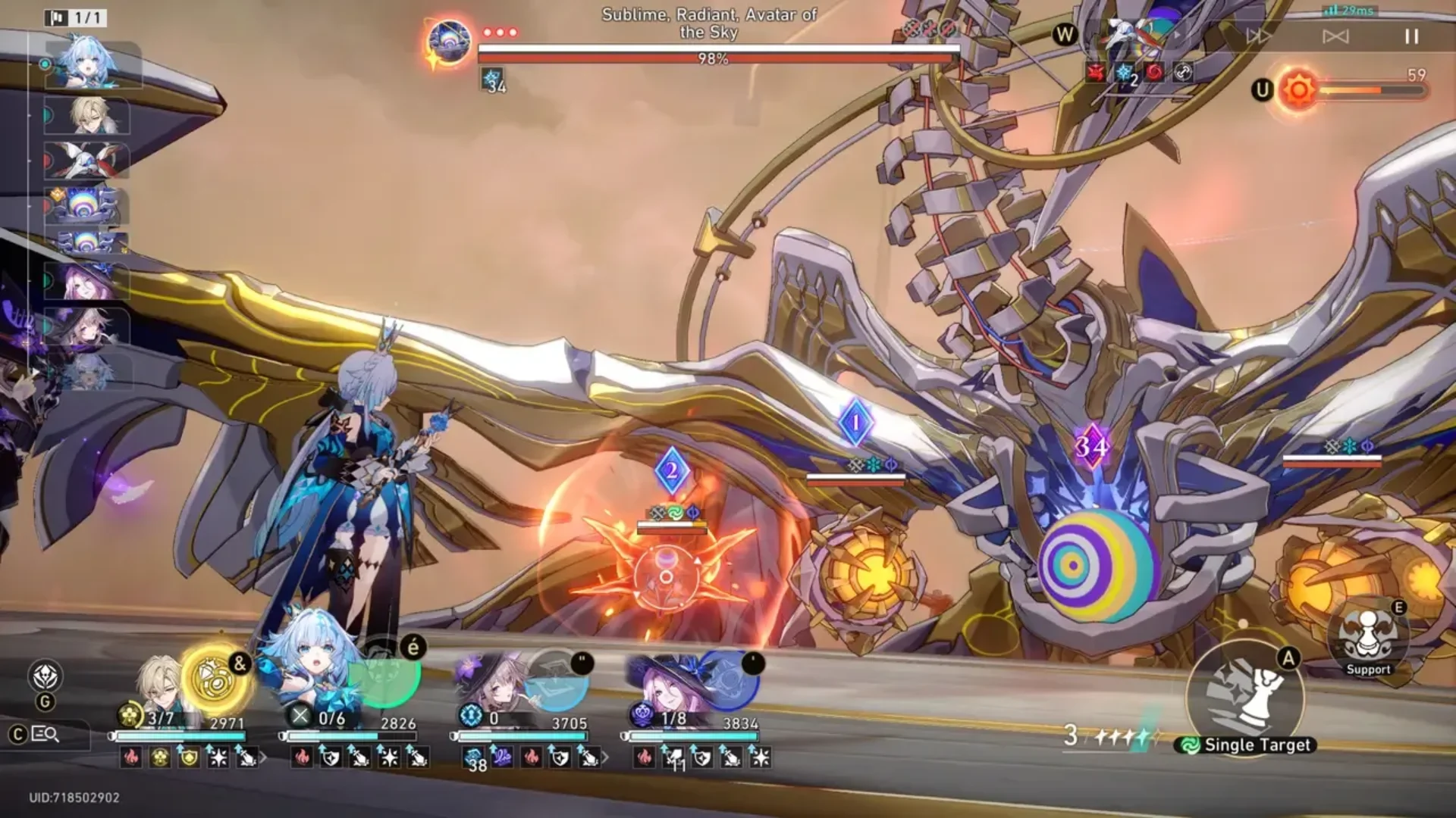 A Honkai: Star Rail party battles the massive Sublime, Radiant, Avatar of the Sky boss.