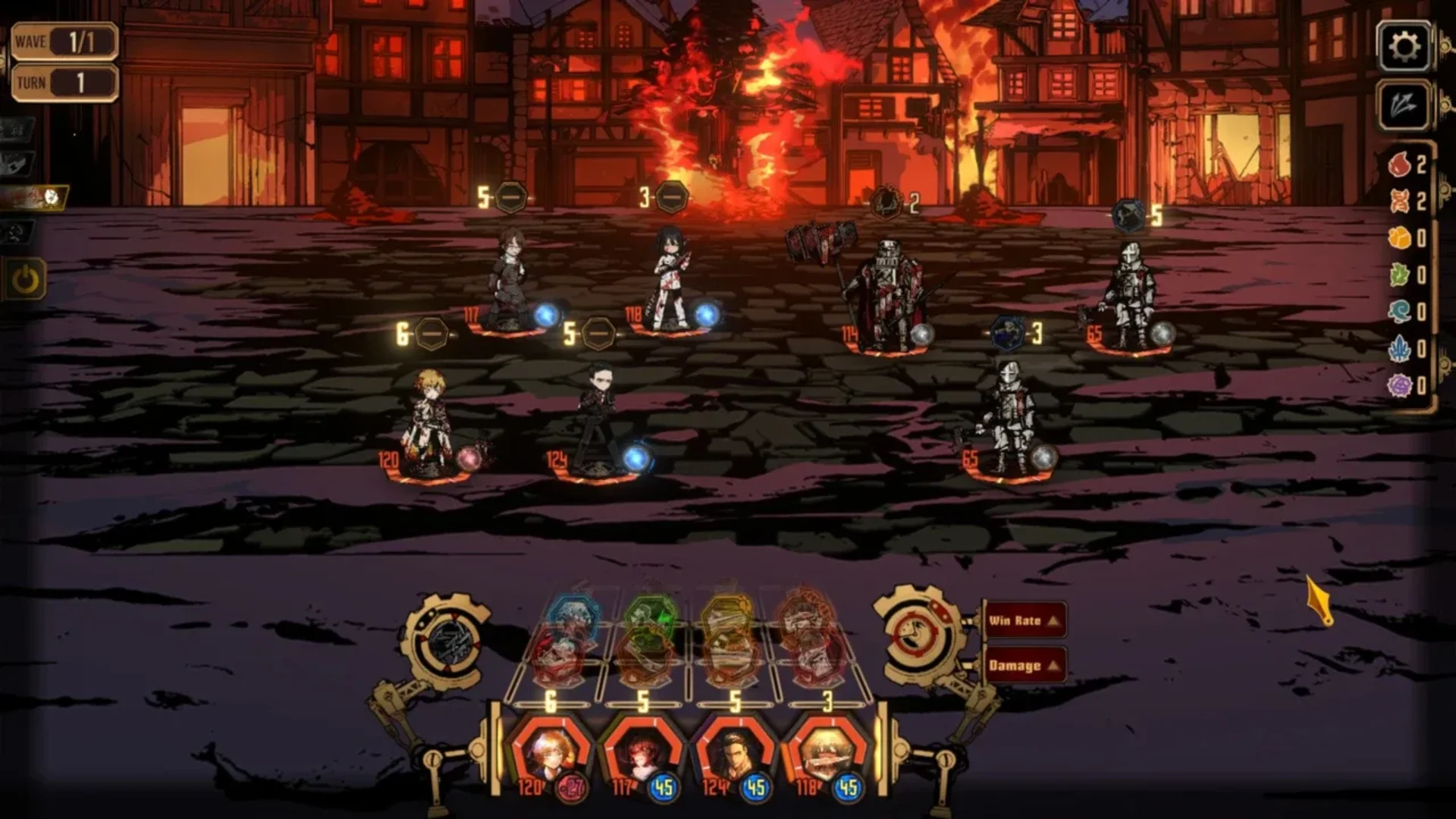 Limbus Company characters face armored enemies on a street surrounded by burning buildings