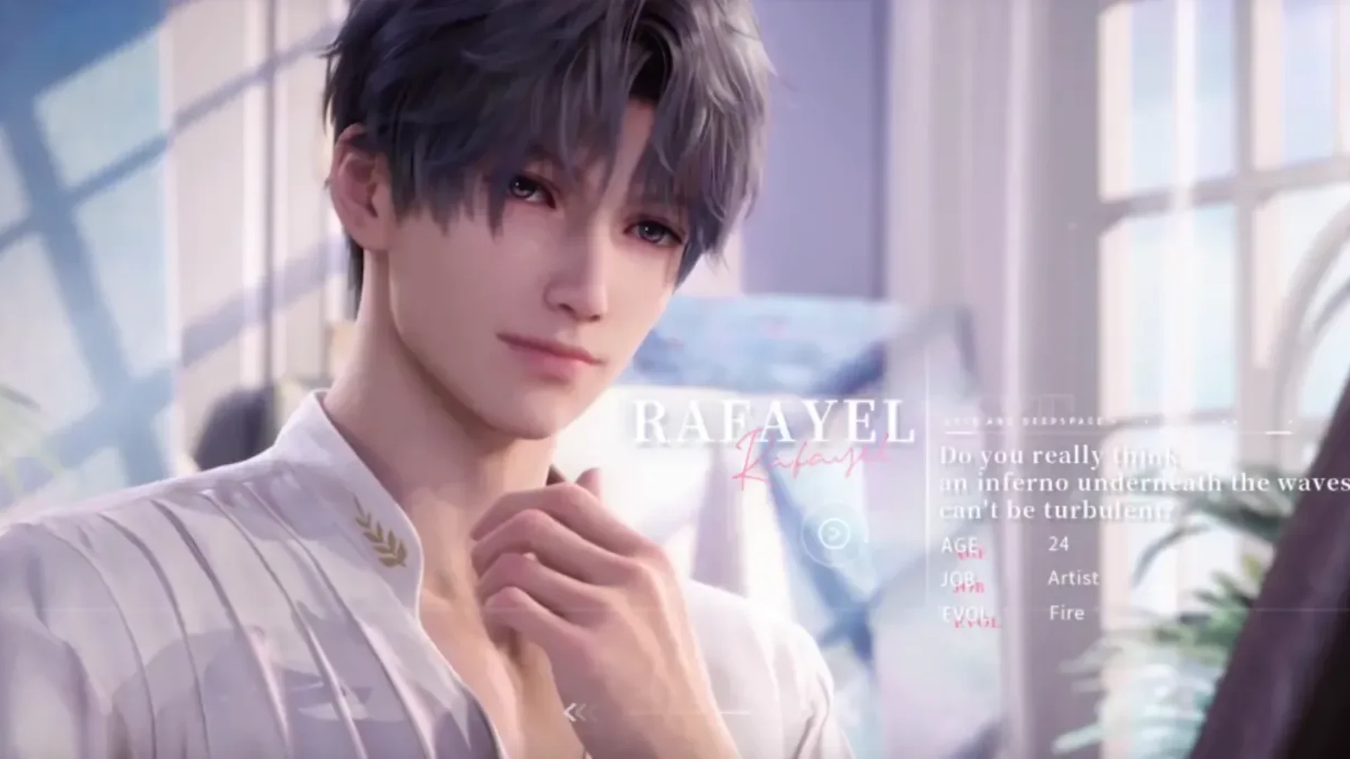 Rafayel appears in a bright indoor character scene wearing a white outfit in Love and Deepspace.