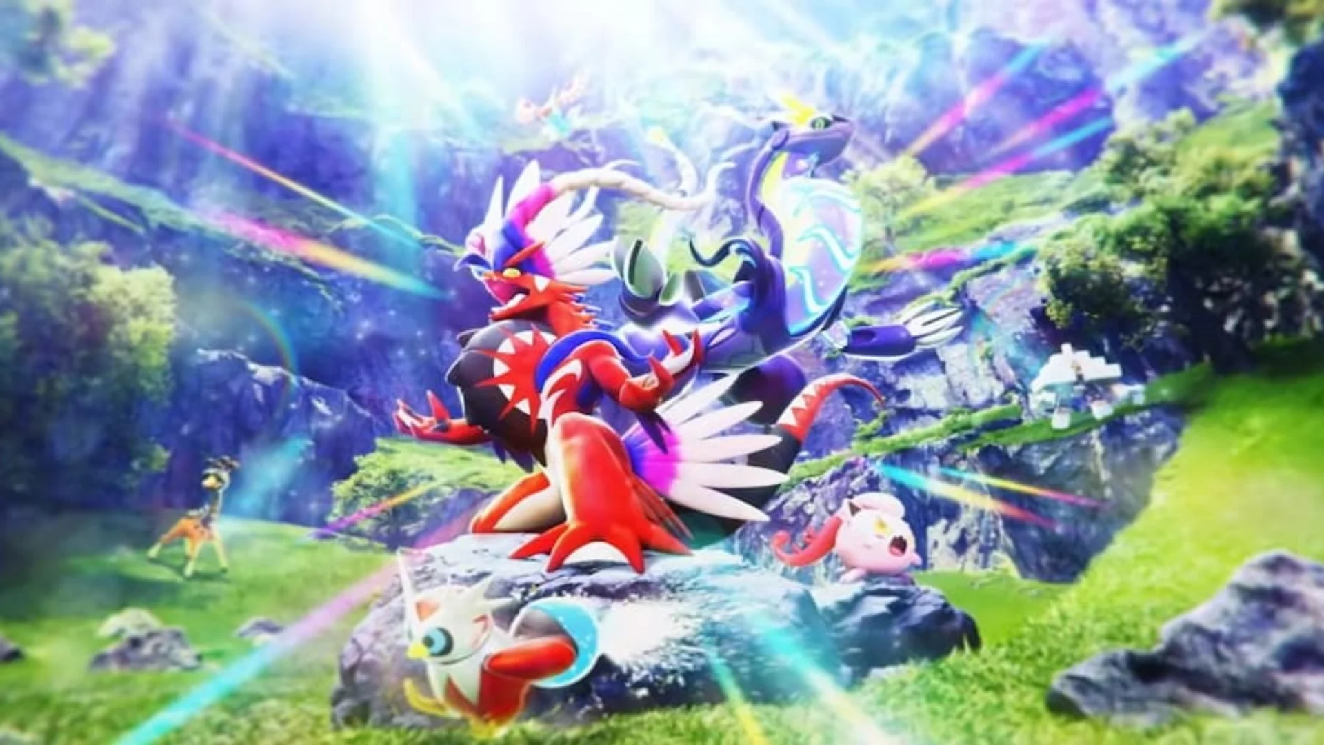 Koraidon and Miraidon pose together with other Pokémon in a colorful outdoor Pokémon TCG Pocket scene.