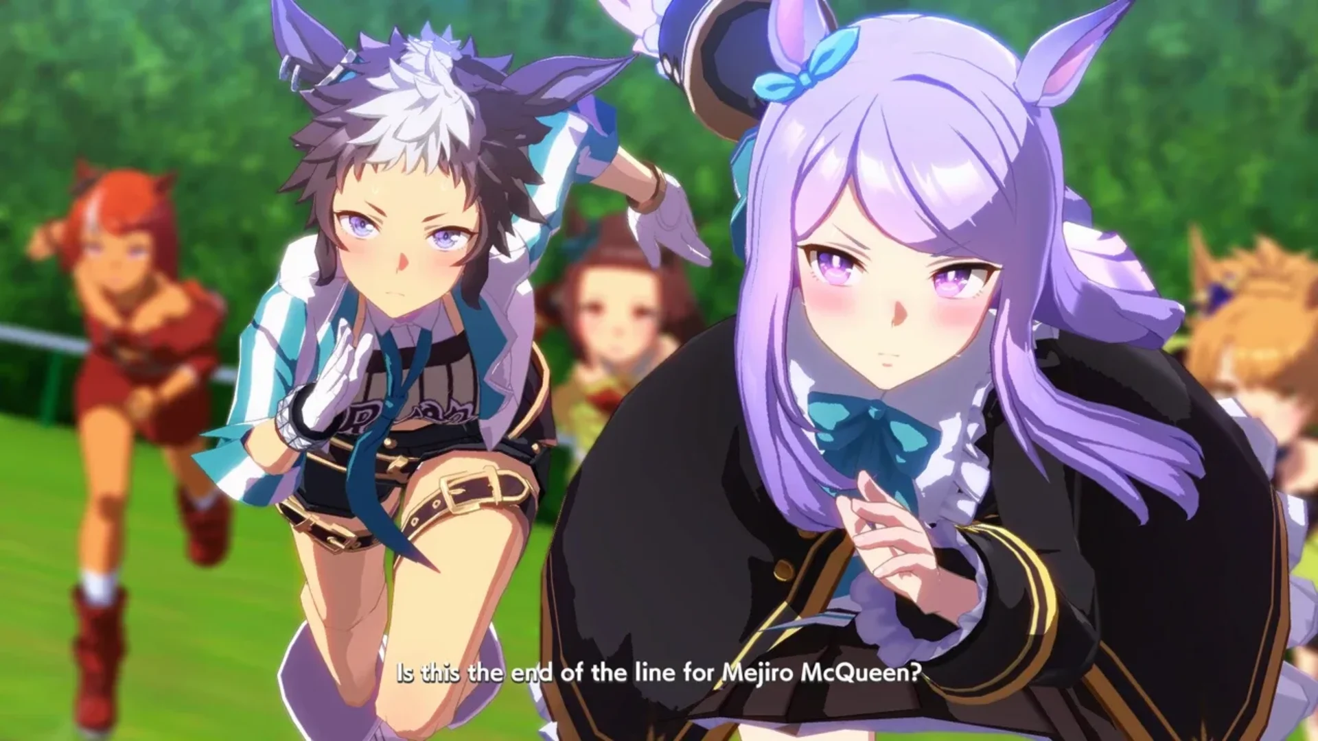 Mejiro McQueen races beside another horse girl during an Umamusume: Pretty Derby competition.