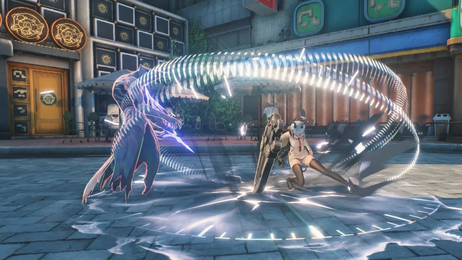 A Wuthering Waves Resonator unleashes a large glowing spectral attack during combat in a city.
