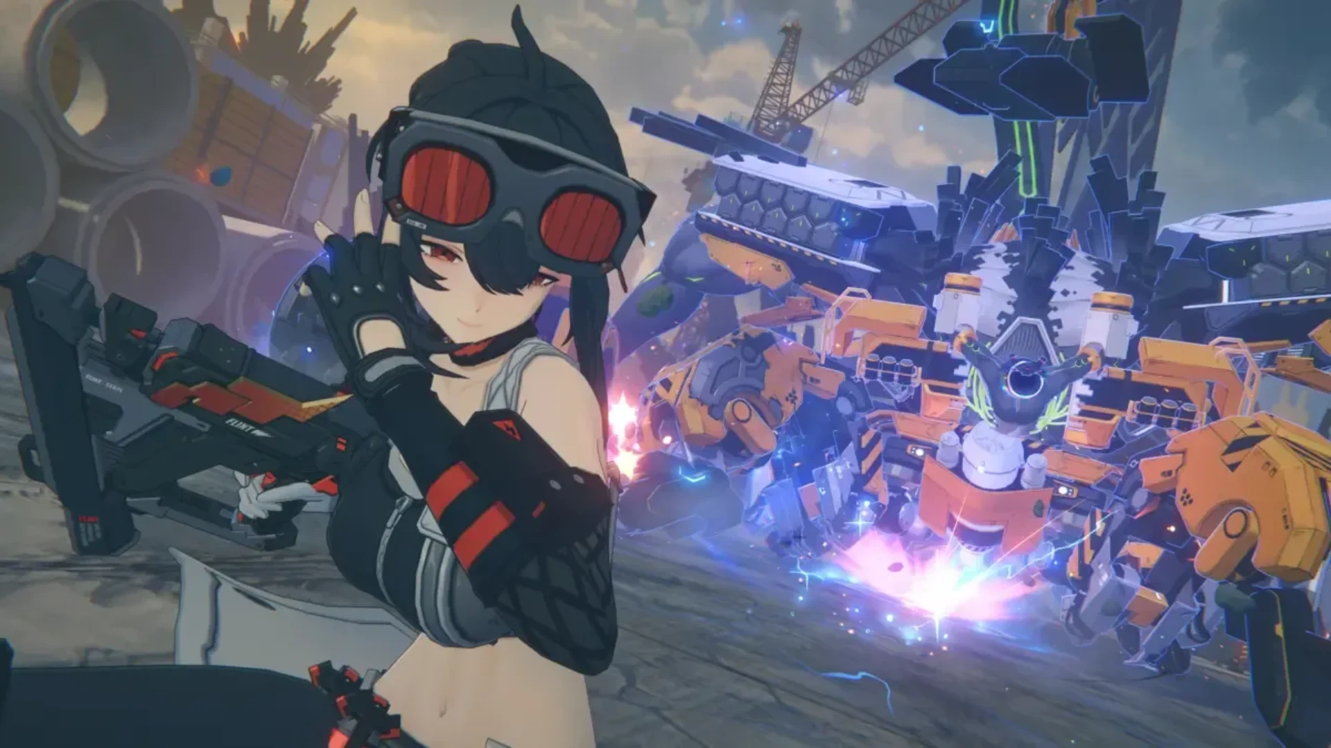 A Zenless Zone Zero agent poses with a firearm while a large mechanical enemy stands behind her.