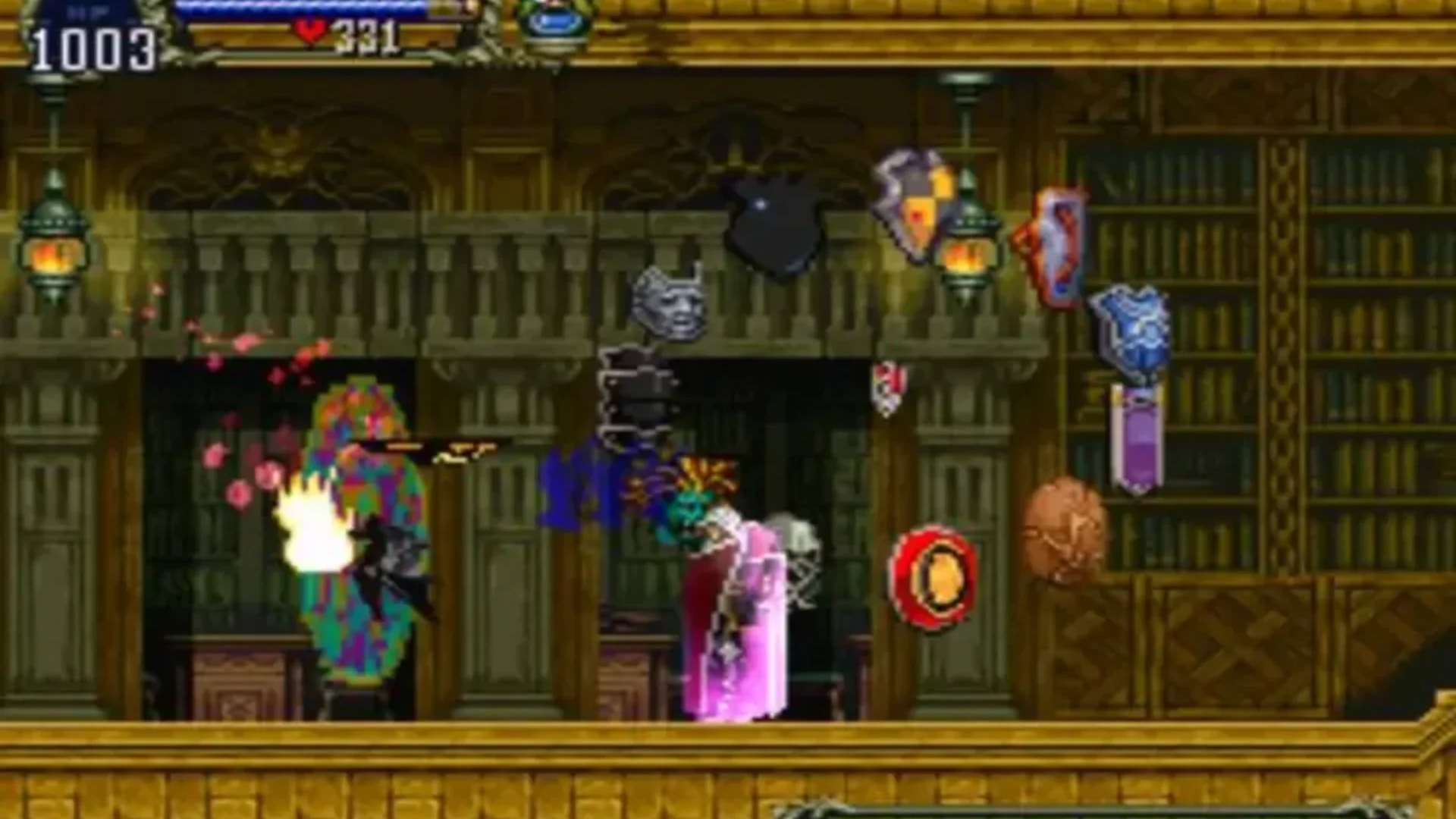 Soma Cruz attacks enemies inside the castle in Castlevania: Aria of Sorrow