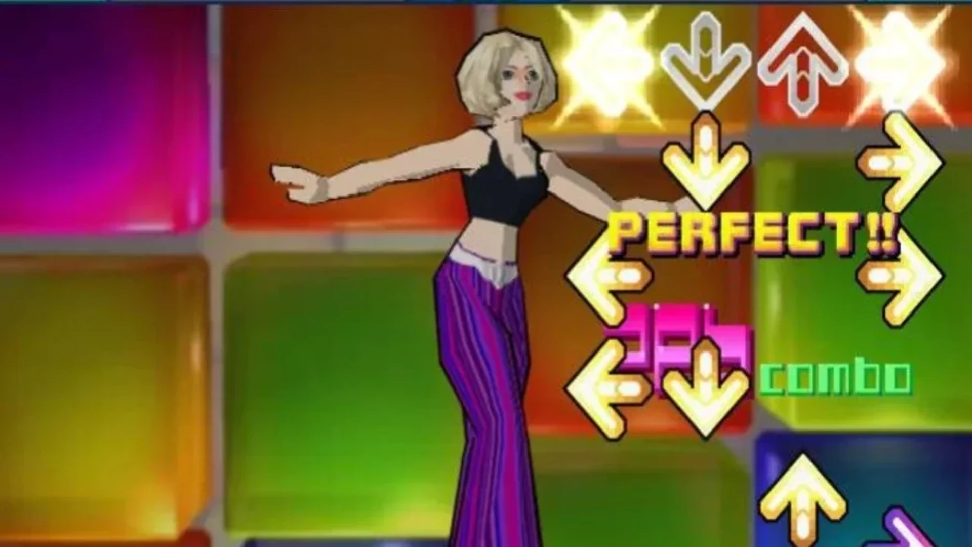 Dance Dance Revolution Extreme gameplay with directional arrows and a dancing character