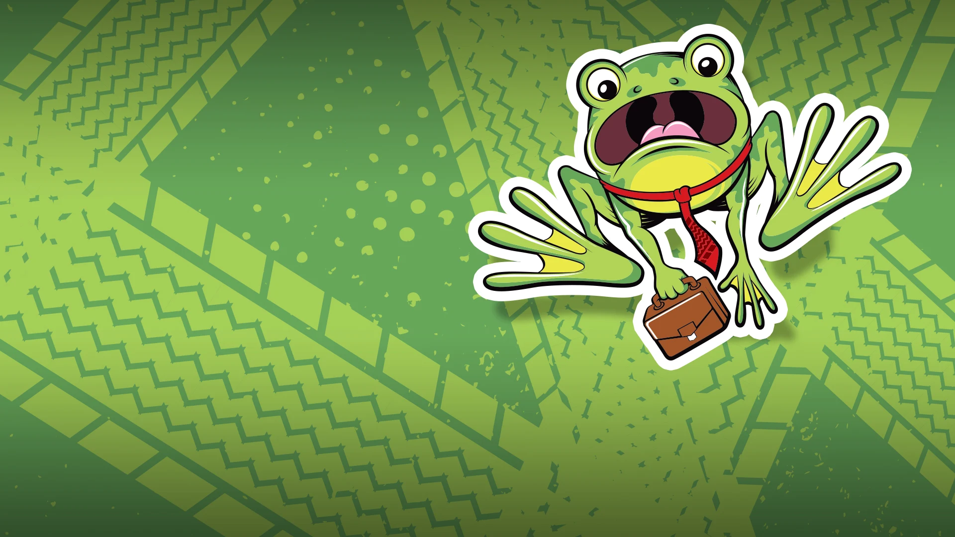 Cartoon frog character carrying a briefcase against a green Frogger-themed background