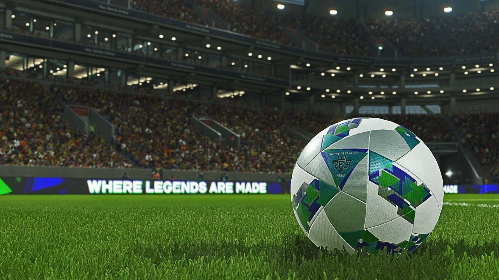 Football resting on the pitch inside a stadium in Pro Evolution Soccer 6