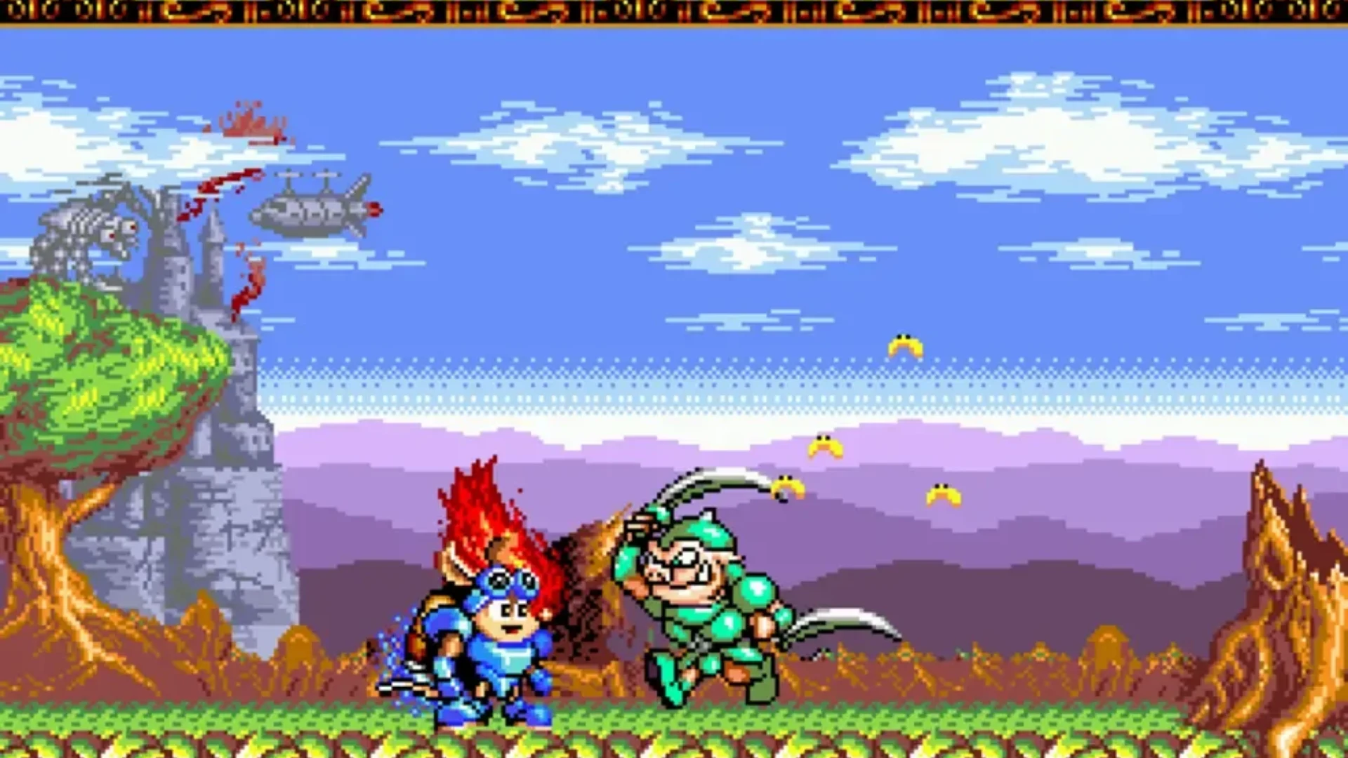 Sparkster faces an enemy during a colorful stage in Rocket Knight Adventures