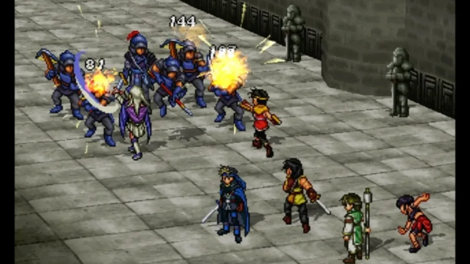Suikoden II party members fight a group of soldiers during a turn-based battle