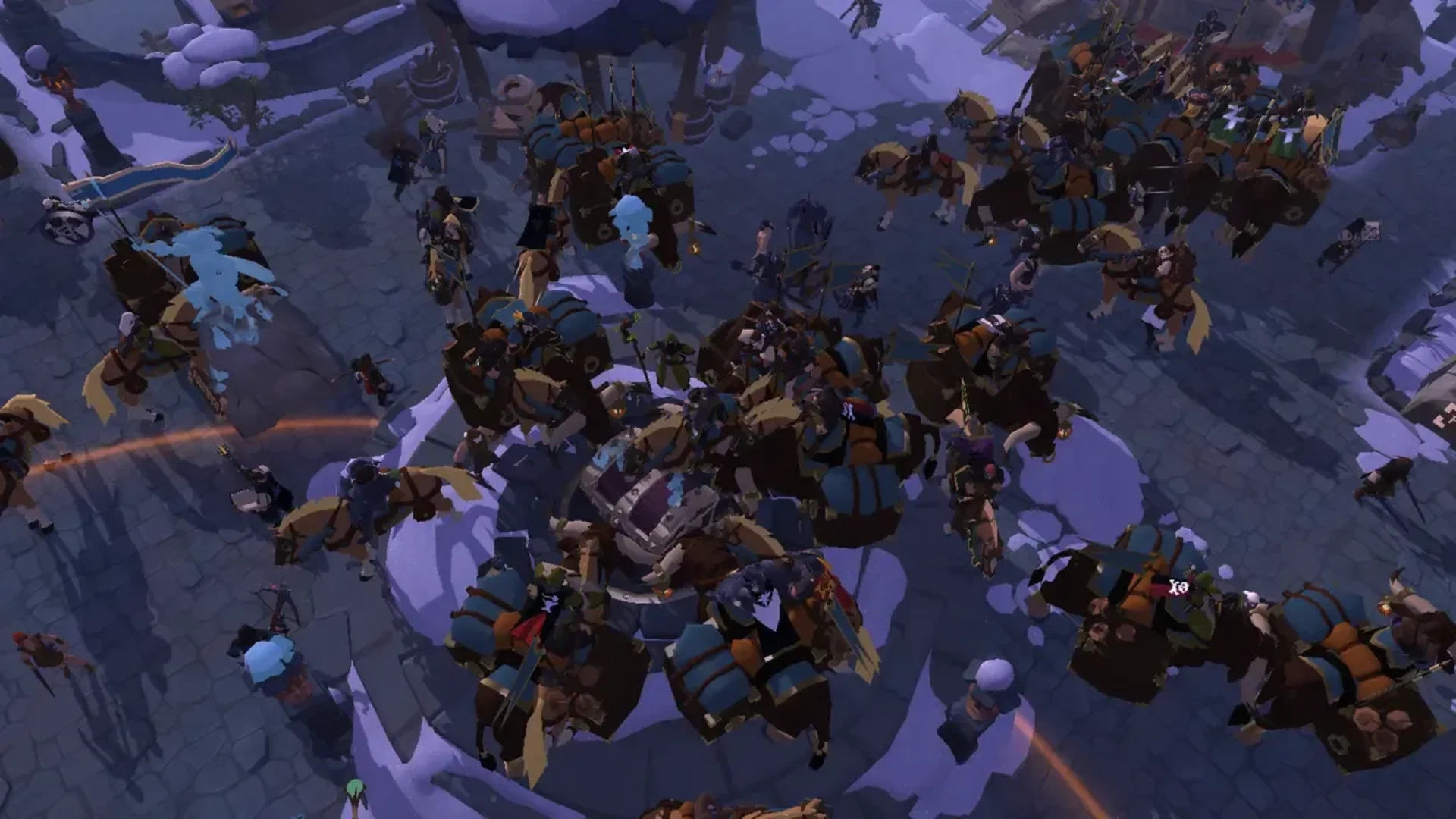 Albion Online players and mounts crowd a busy city marketplace in the fantasy MMO