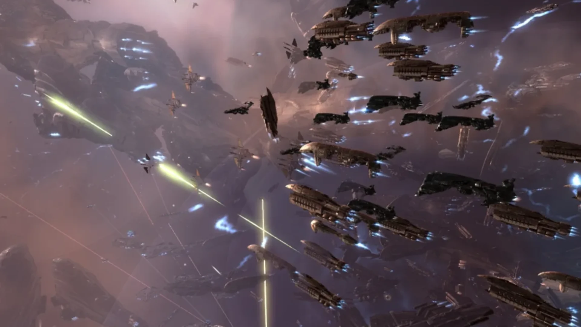 Large fleets of spaceships fighting during a major battle in EVE Online