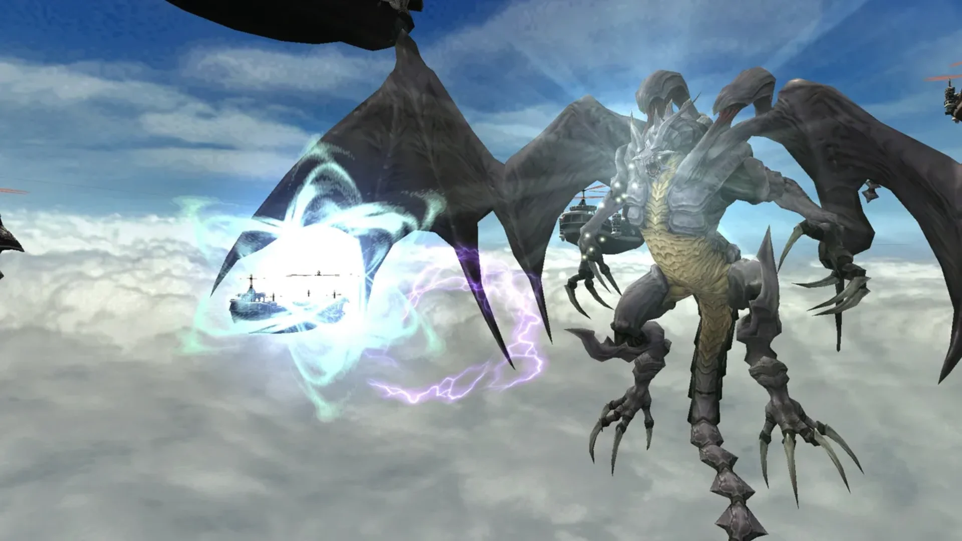 Final Fantasy XI players fighting a large dragon above the clouds