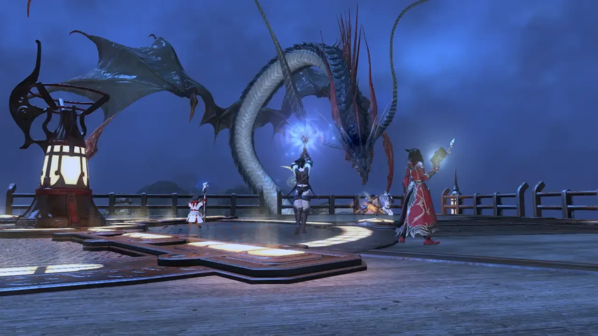 Final Fantasy XIV party fighting a large dragon during an MMO boss encounter