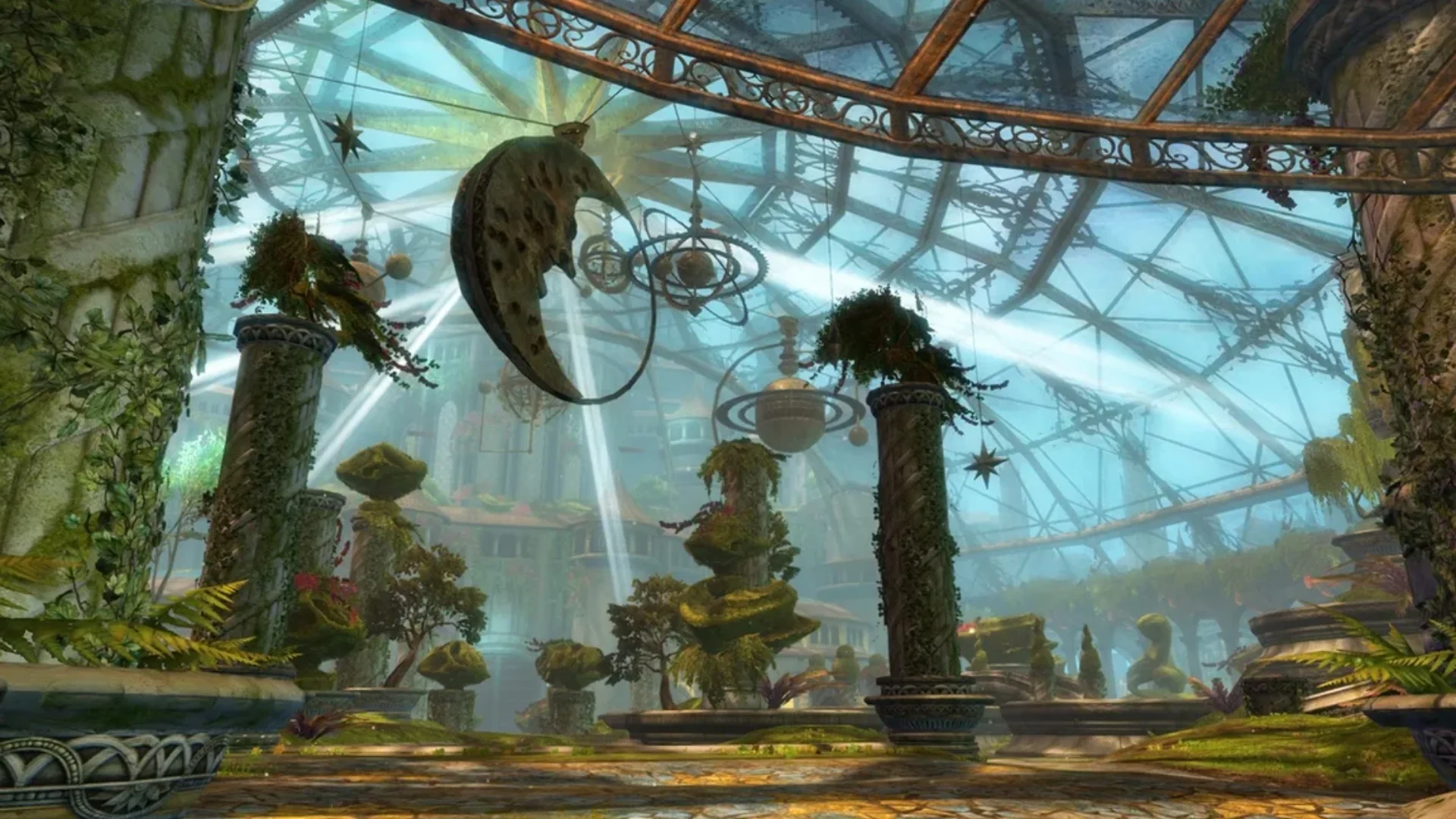 Ornate glass-covered garden filled with plants and architecture in Guild Wars 2
