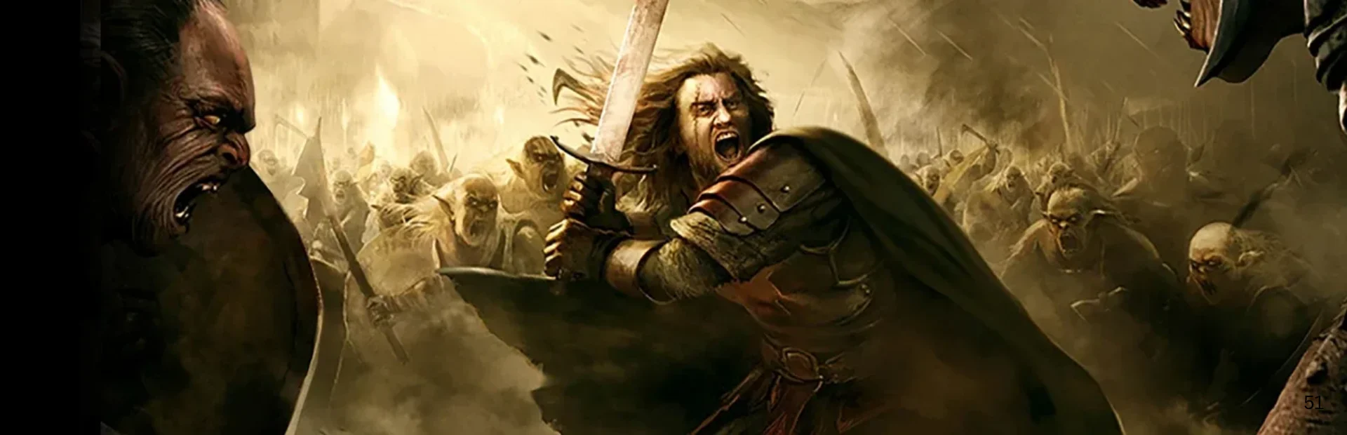 A human warrior raises a sword while surrounded by orcs in The Lord of the Rings Online artwork.
