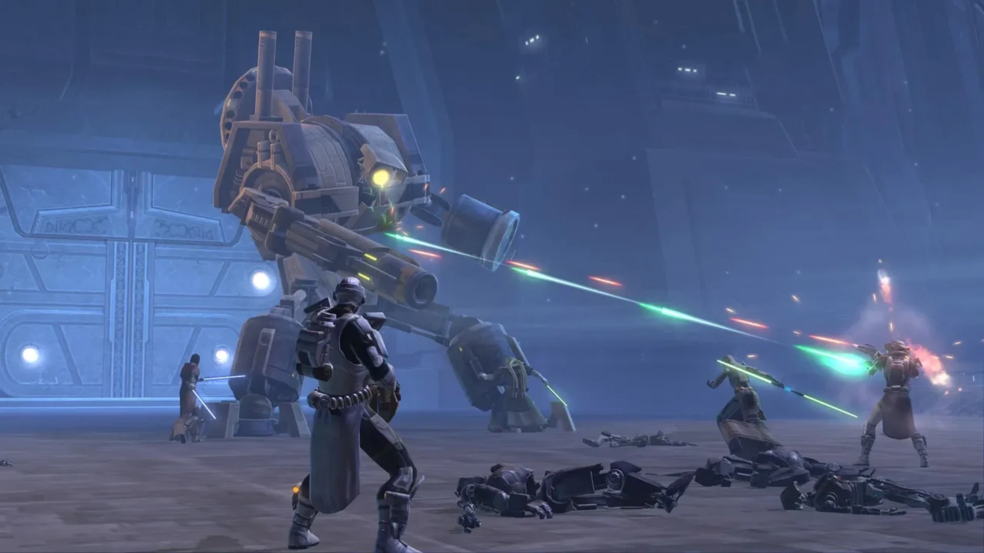 Star Wars The Old Republic players fighting a giant combat droid with lightsabers and blaster fire