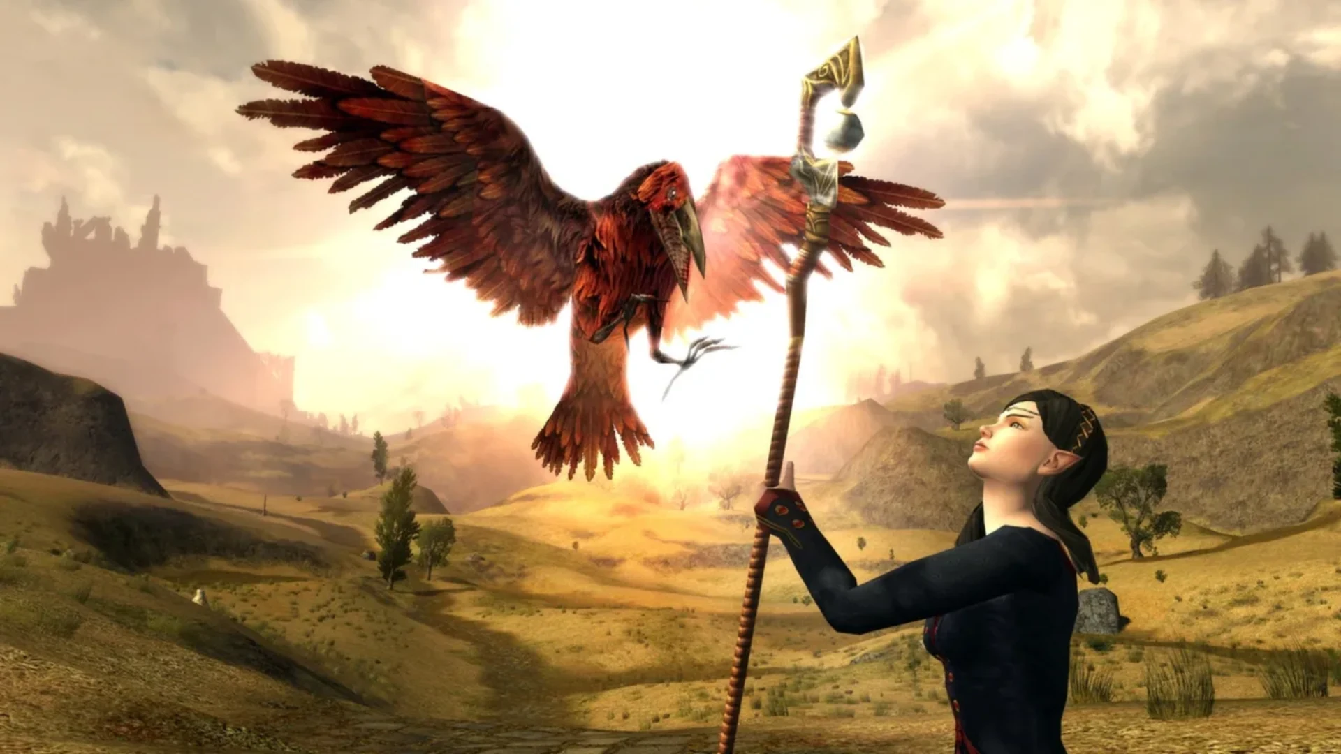 The Lord of the Rings Online character holding a staff as a giant eagle flies nearby