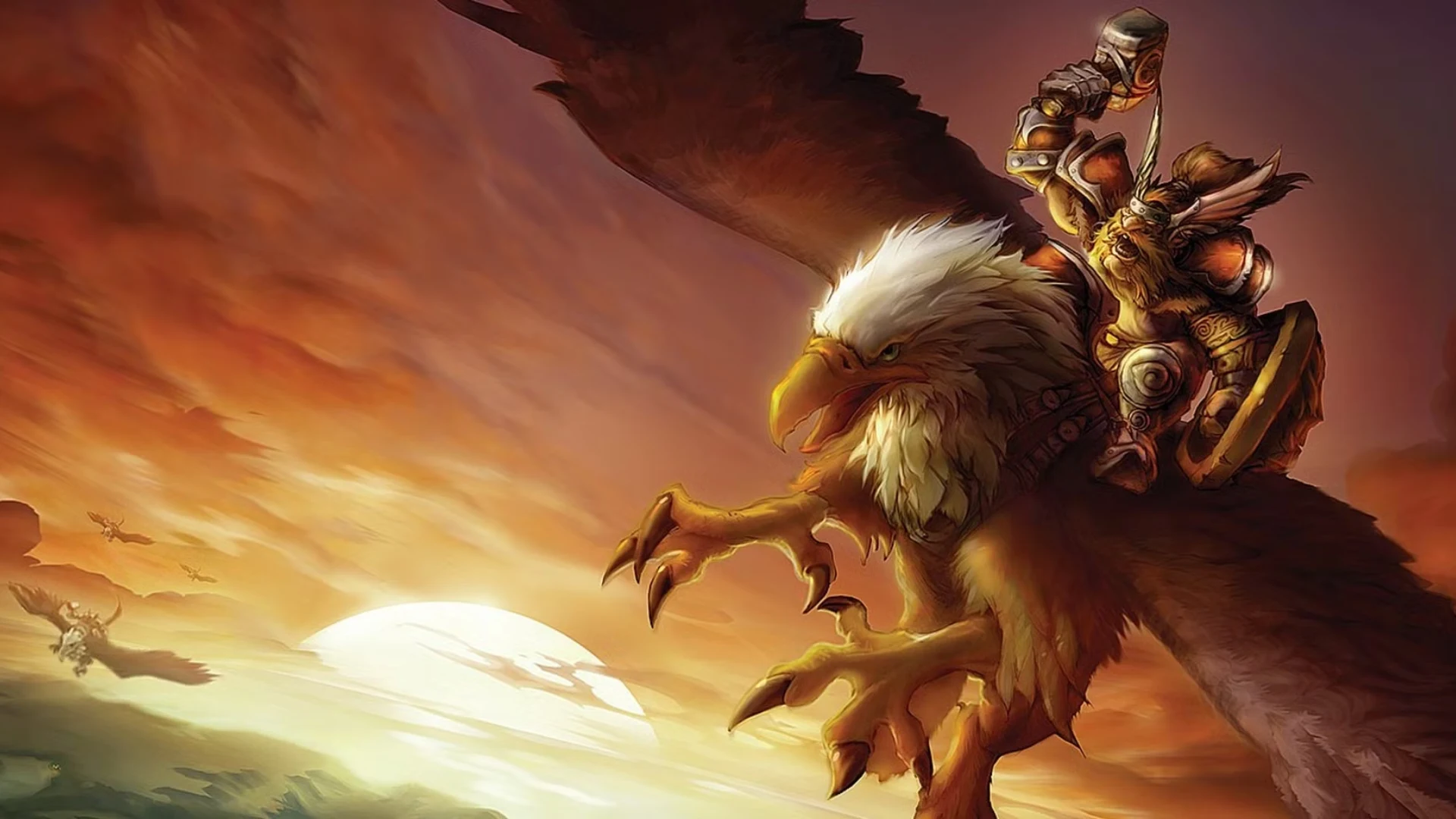 Dwarf warrior riding a gryphon through a sunset sky in World of Warcraft Classic artwork