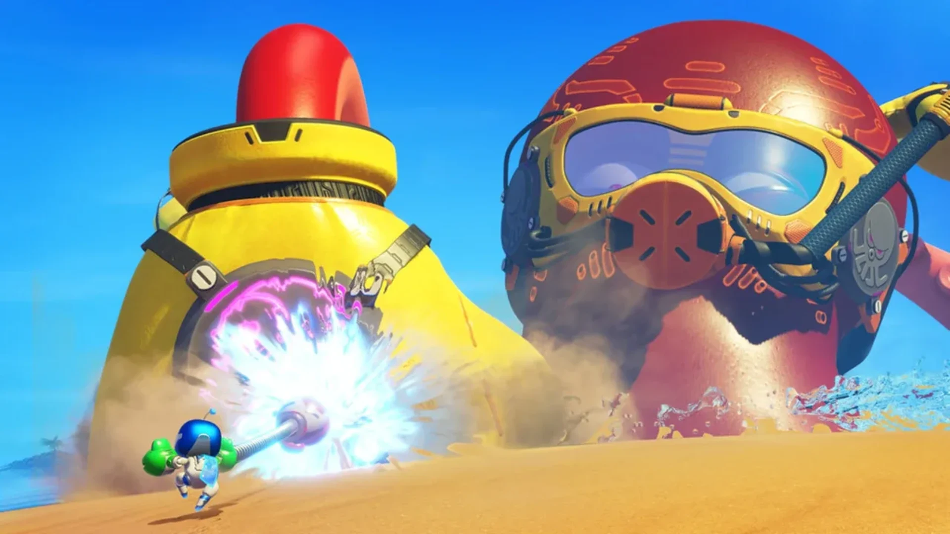 Astro fires an energy attack at a giant masked enemy during a colorful beach level in Astro Bot.