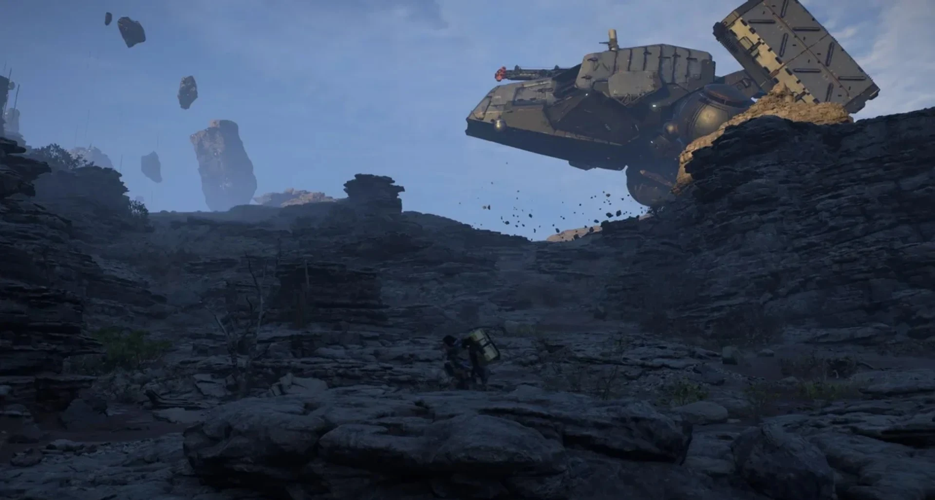 A large vehicle moves above rocky terrain with floating formations in Death Stranding 2: On the Beach.