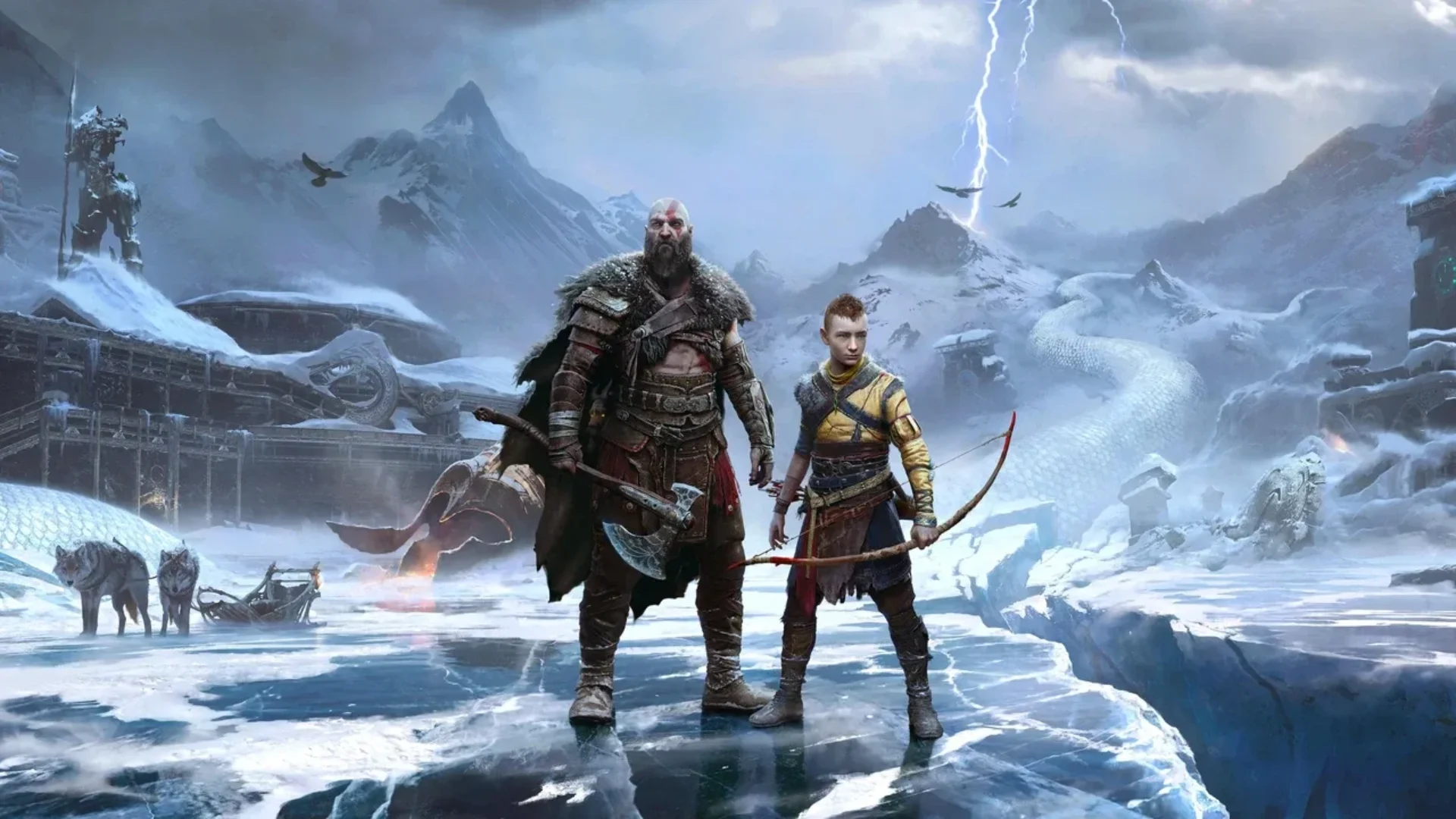Kratos and Atreus stand on a frozen landscape surrounded by snowy mountains in God of War Ragnarök.