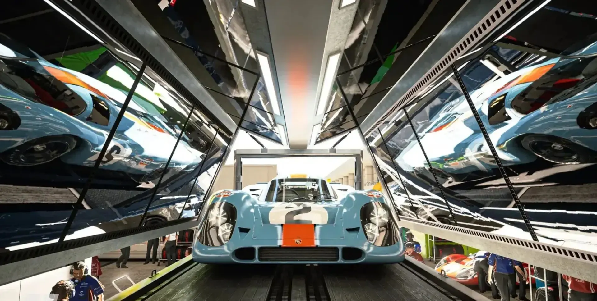 A classic blue race car sits inside a mirrored garage environment in Gran Turismo 7 on PS5.