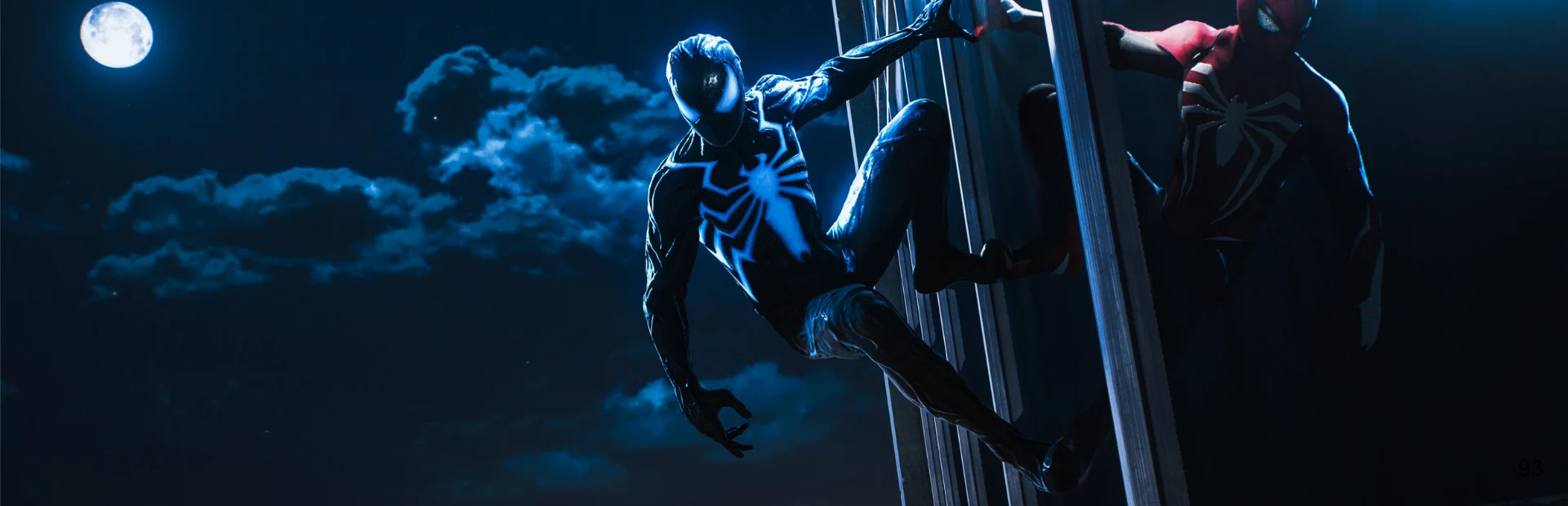 Peter Parker in the black symbiote suit climbs a skyscraper at night beside Miles Morales in Marvel's Spider-Man 2.