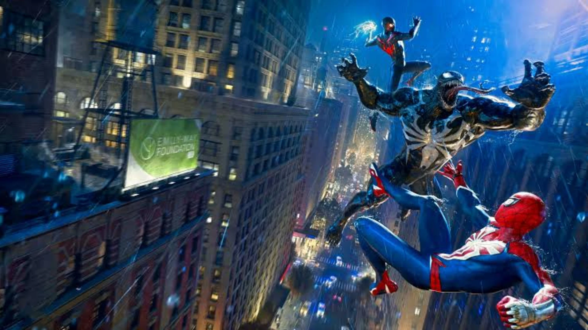 Peter Parker and Miles Morales fight Venom above New York City at night in Marvel's Spider-Man 2