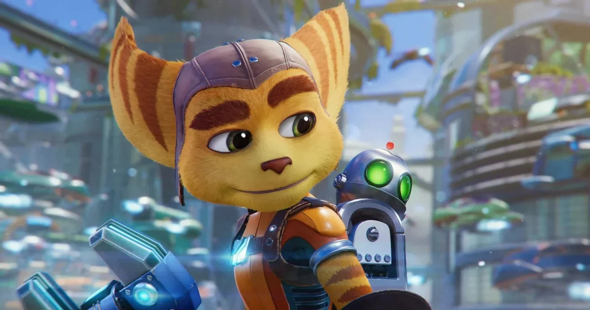 Ratchet stands with Clank on his back against a futuristic city backdrop in Ratchet & Clank: Rift Apart.