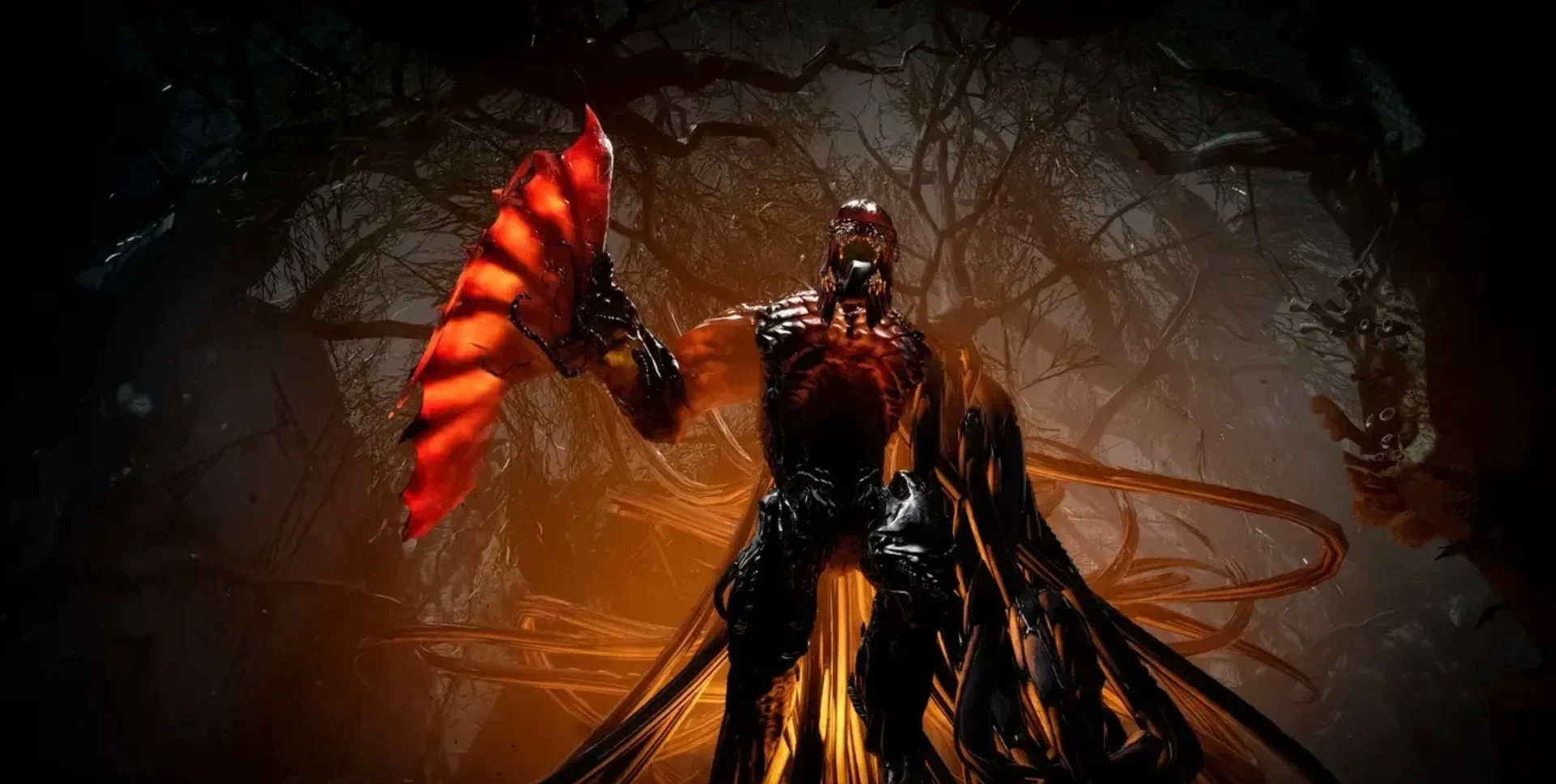 A hostile alien creature stands beneath orange light in a dark forest environment in Returnal.