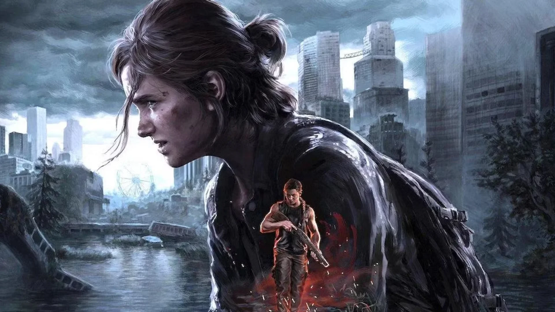 Ellie dominates the foreground while Abby carries a weapon through ruined Seattle in The Last of Us Part II Remastered