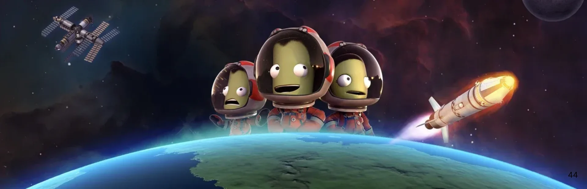 Three Kerbals in spacesuits appear above Kerbin as a rocket launches and a space station orbits nearby.