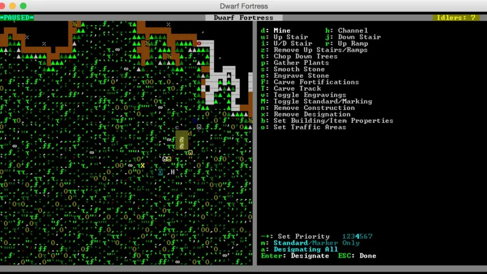 Dwarf Fortress Classic gameplay showing the ASCII map and mining designation menu.