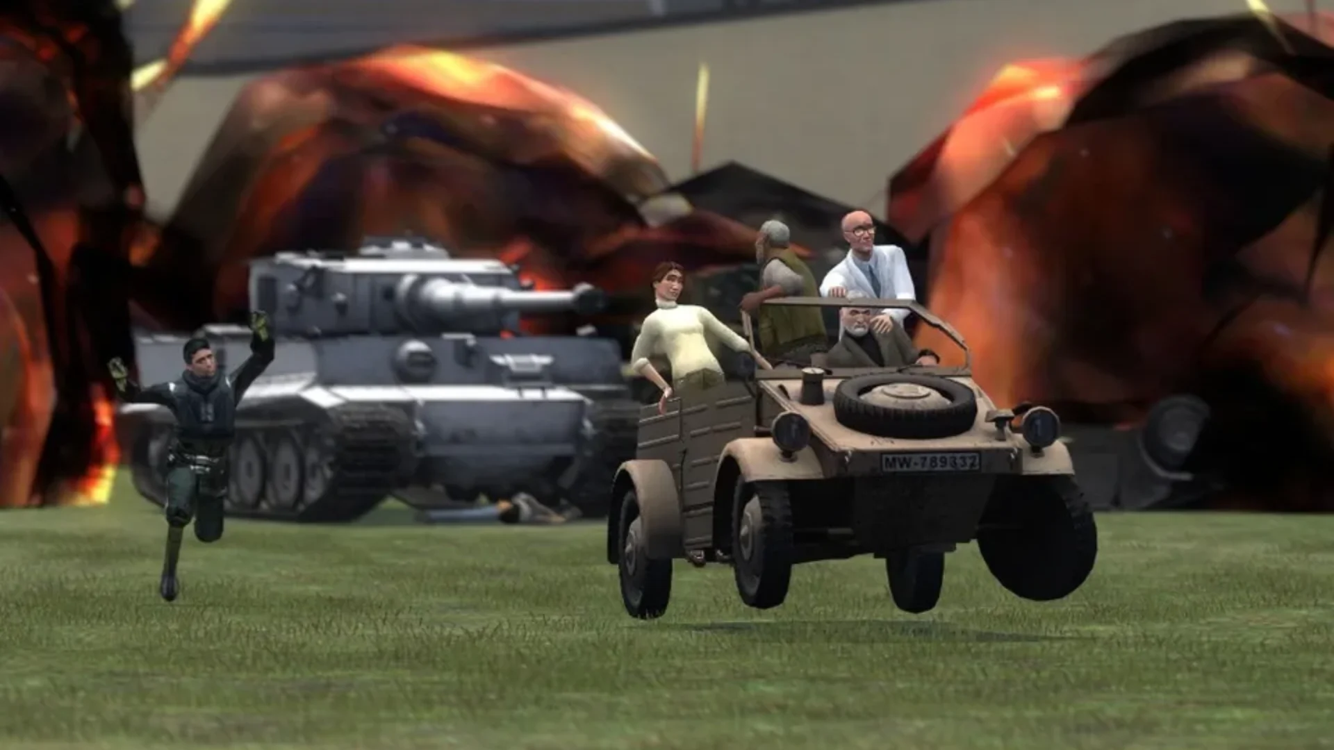 Garry's Mod sandbox scene with characters riding a military vehicle near a tank and large props.