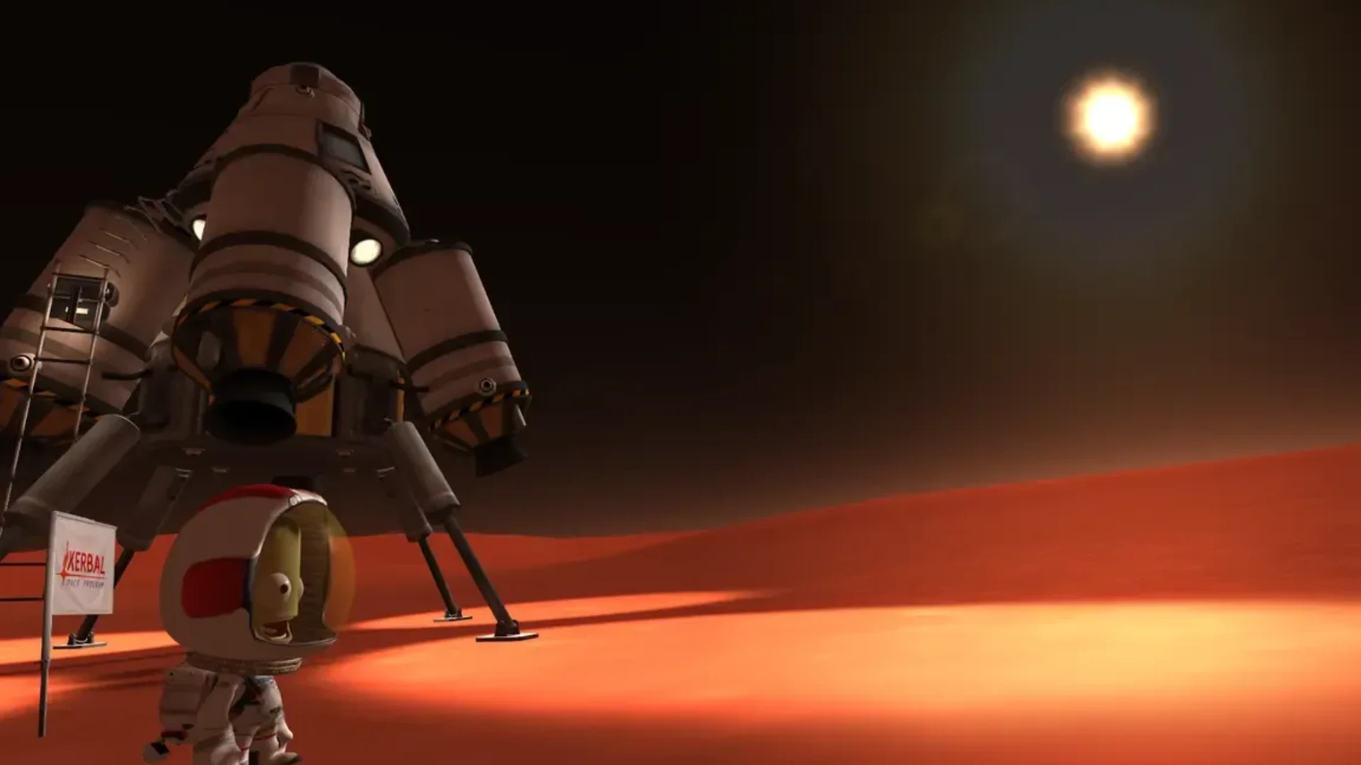 A Kerbal astronaut stands beside a landed spacecraft on a red planetary surface