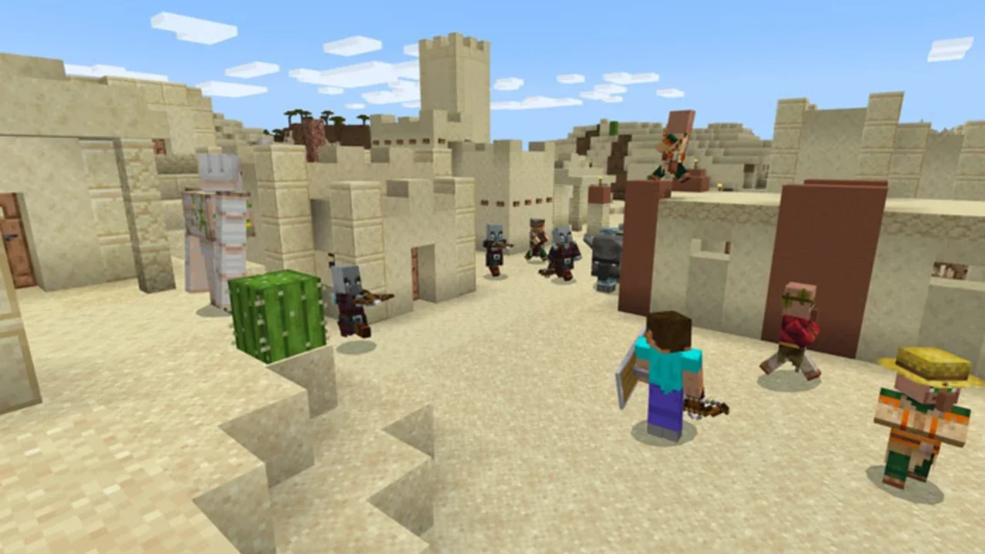 Steve faces Pillagers and villagers inside a Minecraft desert village with an Iron Golem nearby